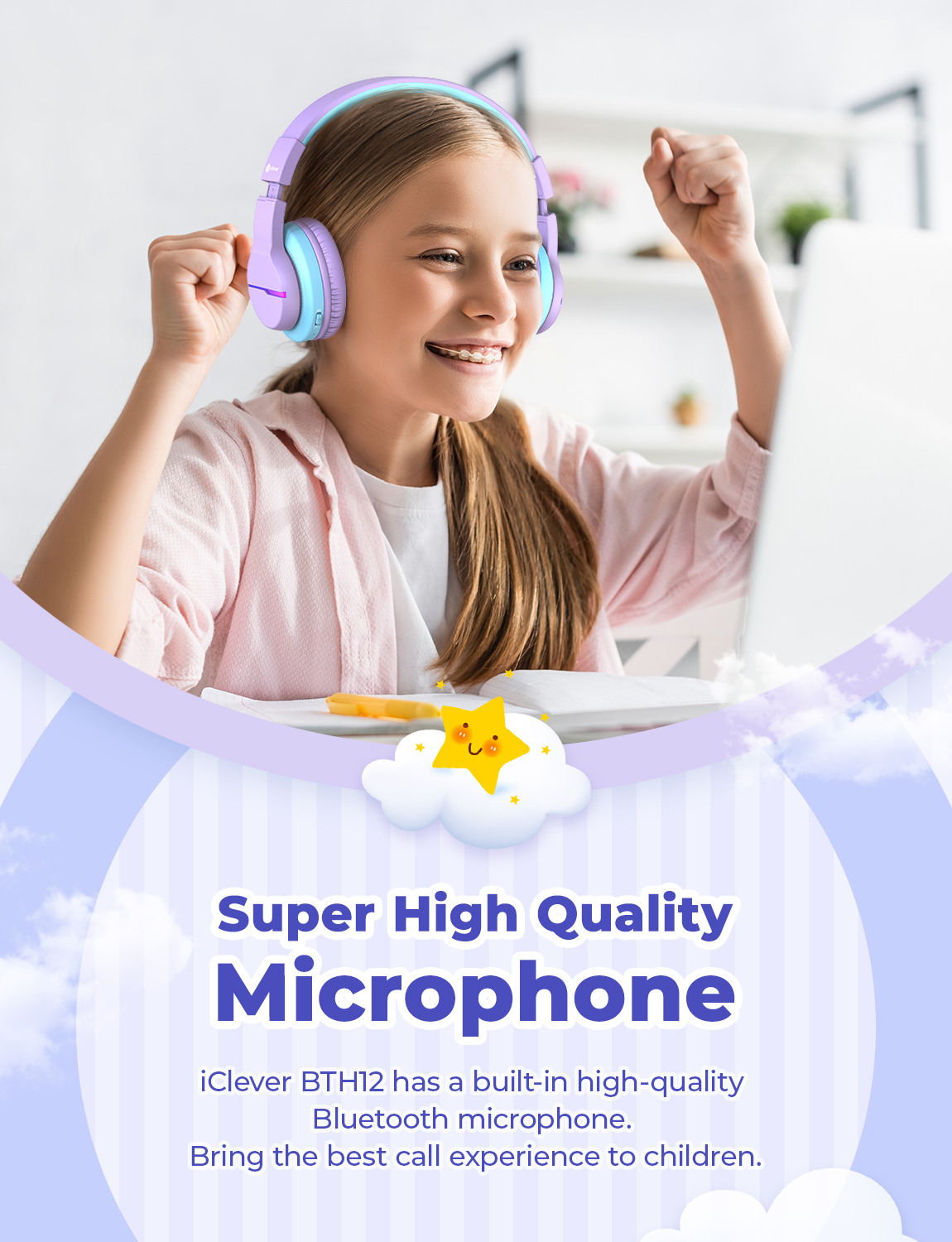 Headphone Kids BT LED Bluetooth Kopfhörer On-Ear 74/85/94dB Lautstärkeeinstellungen (C03-1702N-11) - Lila