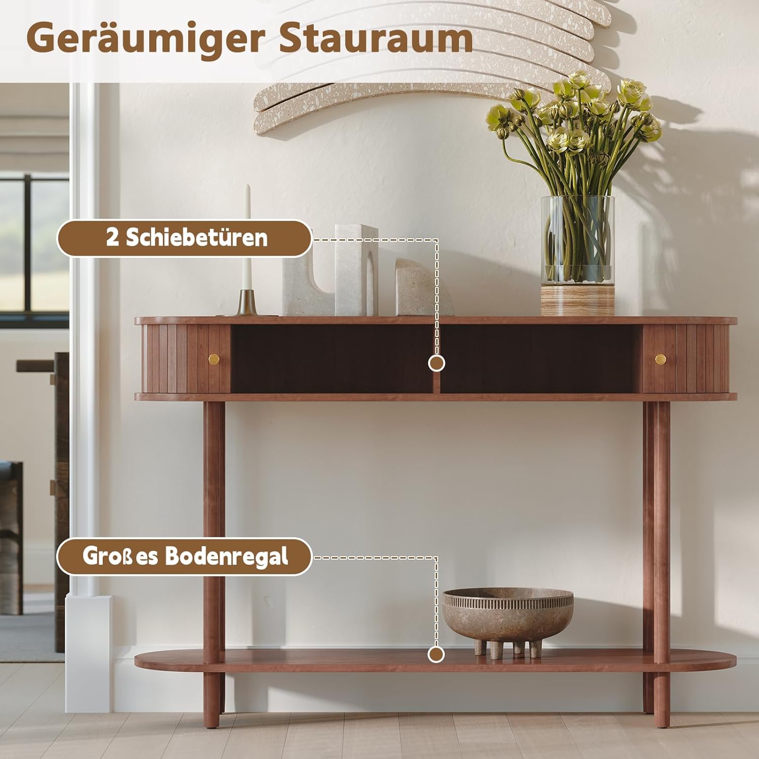 Konsolentisch mit Schubladen und Stauschrank, Braun Schmal Konsolentisch mit Schiebetüren, Holz Konsolentische fürs Wohnzimmer, Eingang, Hausflur, Schlafzimmer