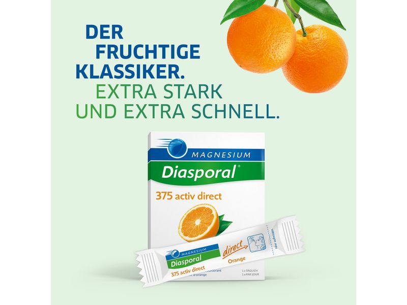 Magnesium Diasporal 375 Activ Direct Orange 60 Sticks Veganes Direktgranulat mit Magnesiumcitrat