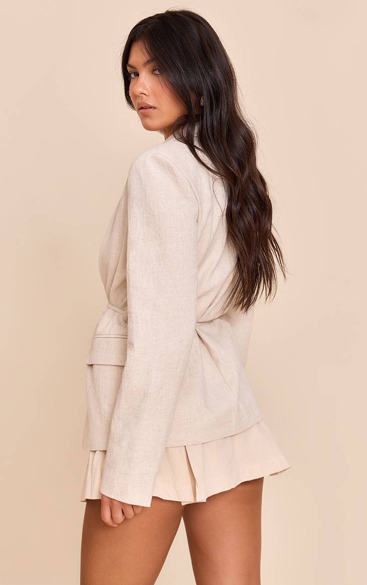 Gris Pierre Blazer Aspect Lin À Taille Nouée