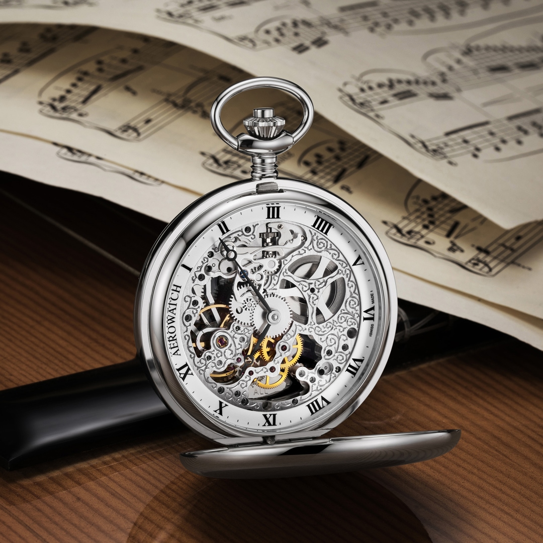 Aerowatch Taschenuhr Savonnette Skeleton Silbrig