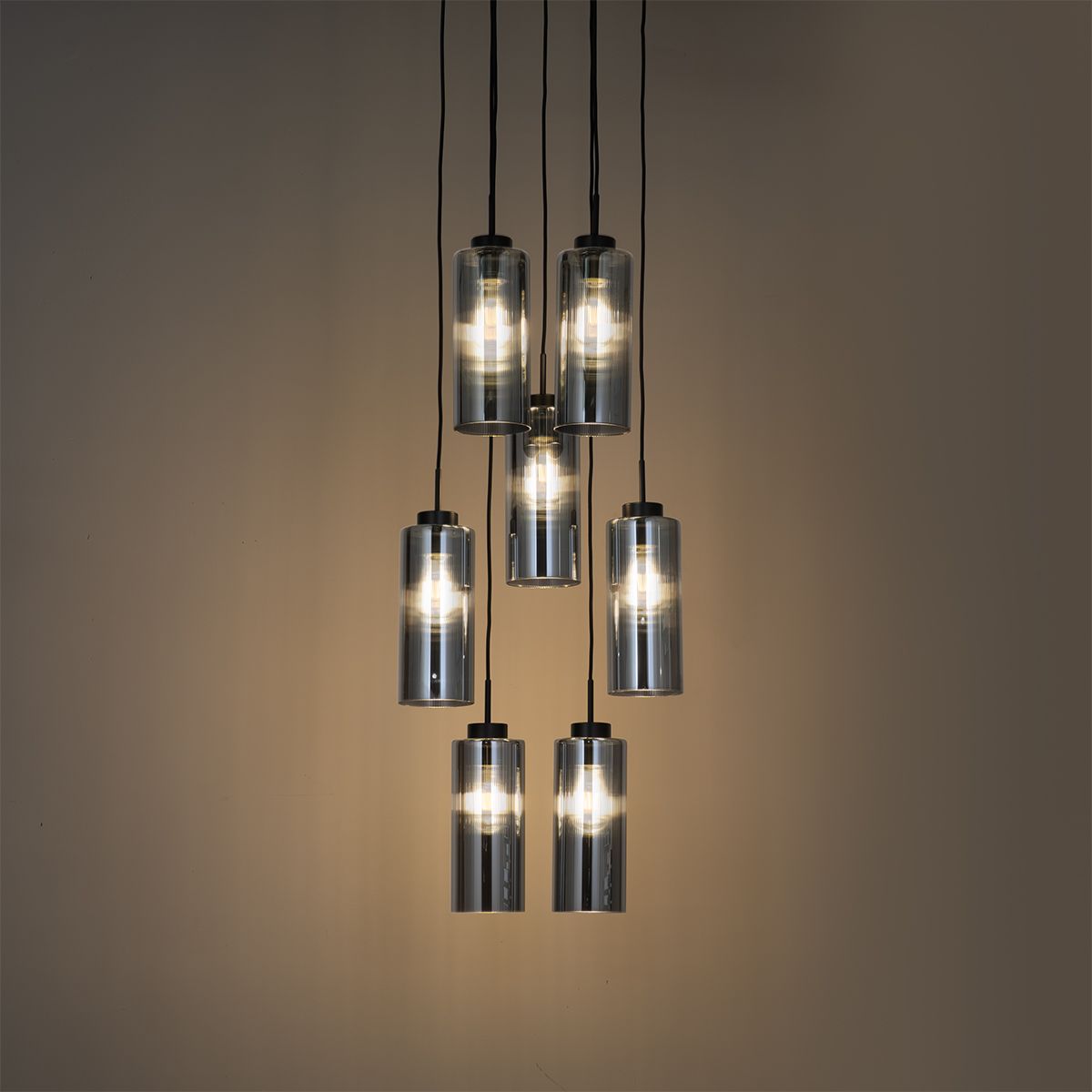 Smart hanglamp zwart met smoke glas 7-lichts incl. 7 Wifi ST64  - Laura