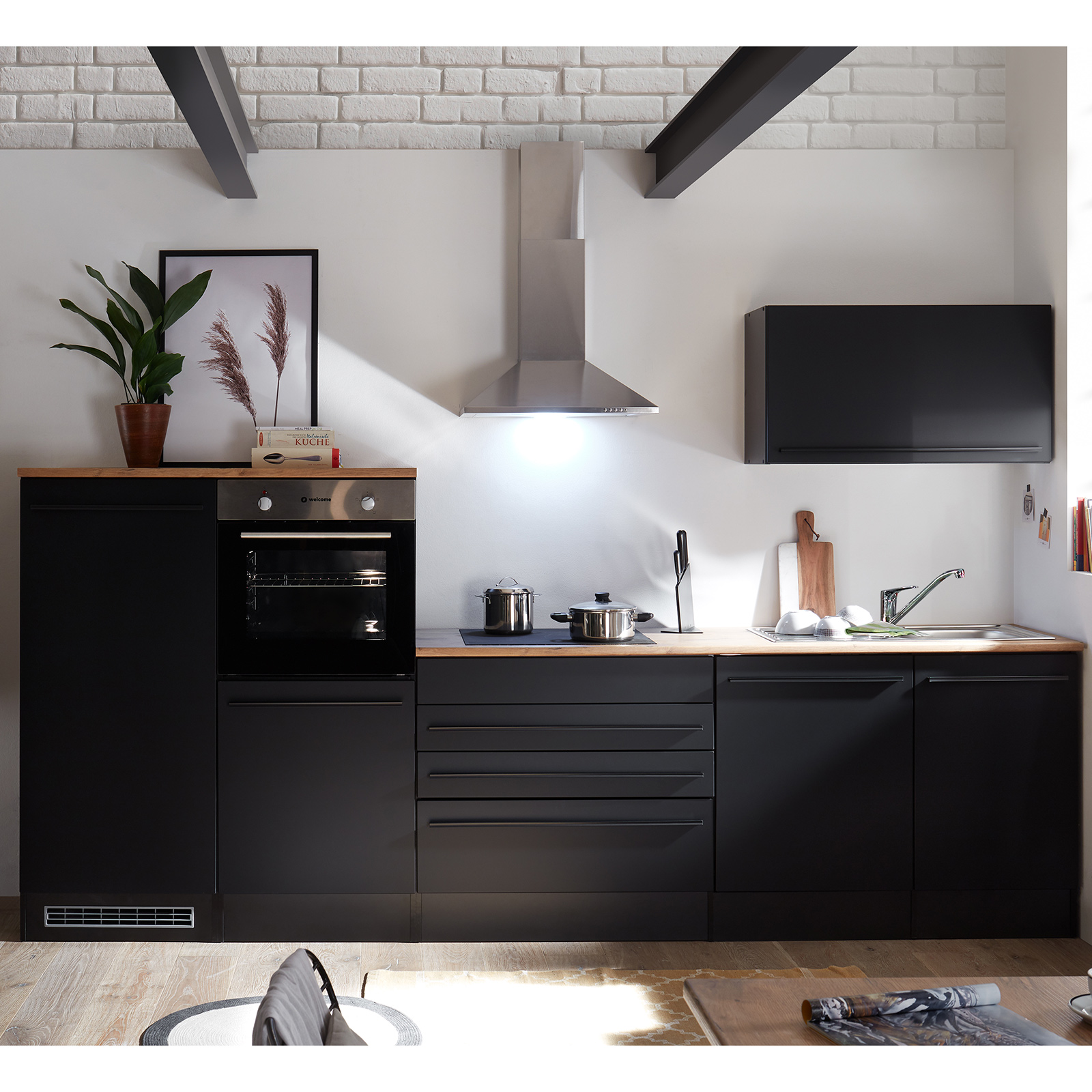 Küchenblock - schwarz matt - Lanzelot Eiche - mit E-Geräten - 200+120 cm