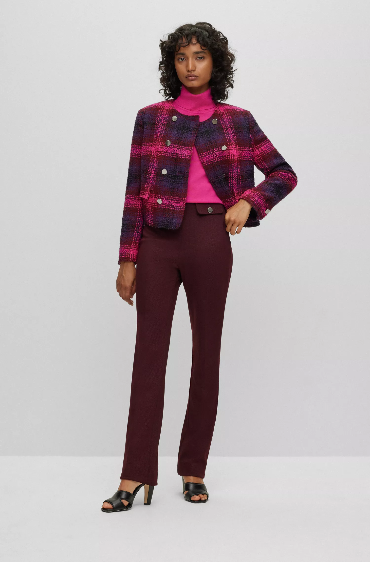 Jaqueta BOSS preta de corte slim em tweed com estampa xadrez Glen degradê.