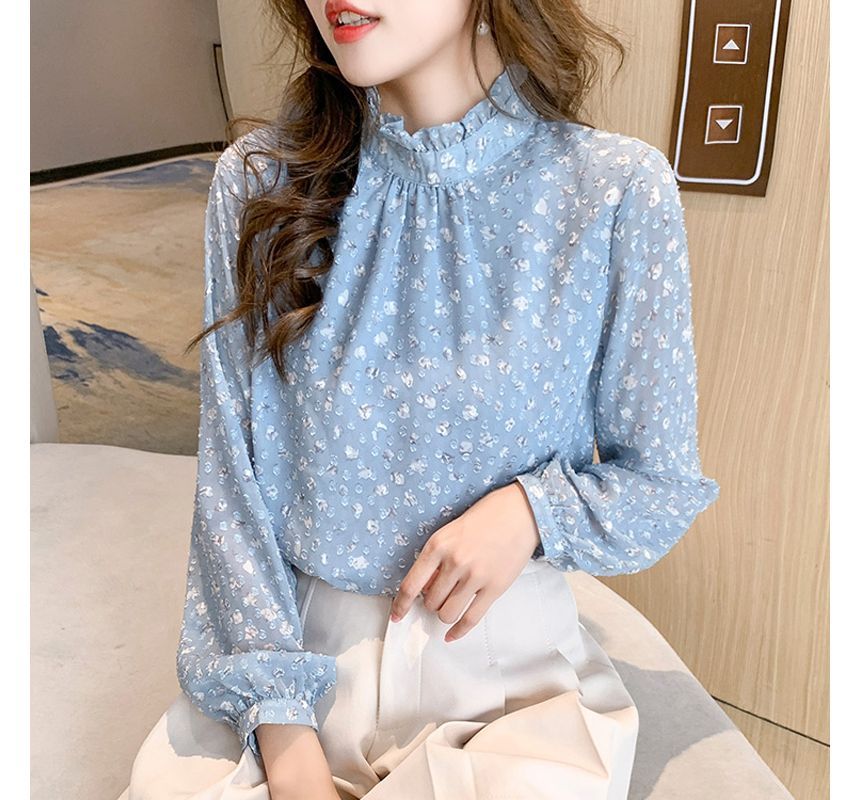 Everose - Blouse met lange mouwen, col, bloemenprint, volantrand en textuur
