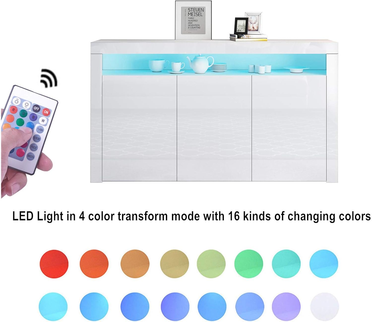 Sideboard Kommode 3 Türen Hochglanz Front mit LED Beleuchtung TV Lowboard Für Esszimmer Wohnzimmer Möbel 152x97x35cm Weiß