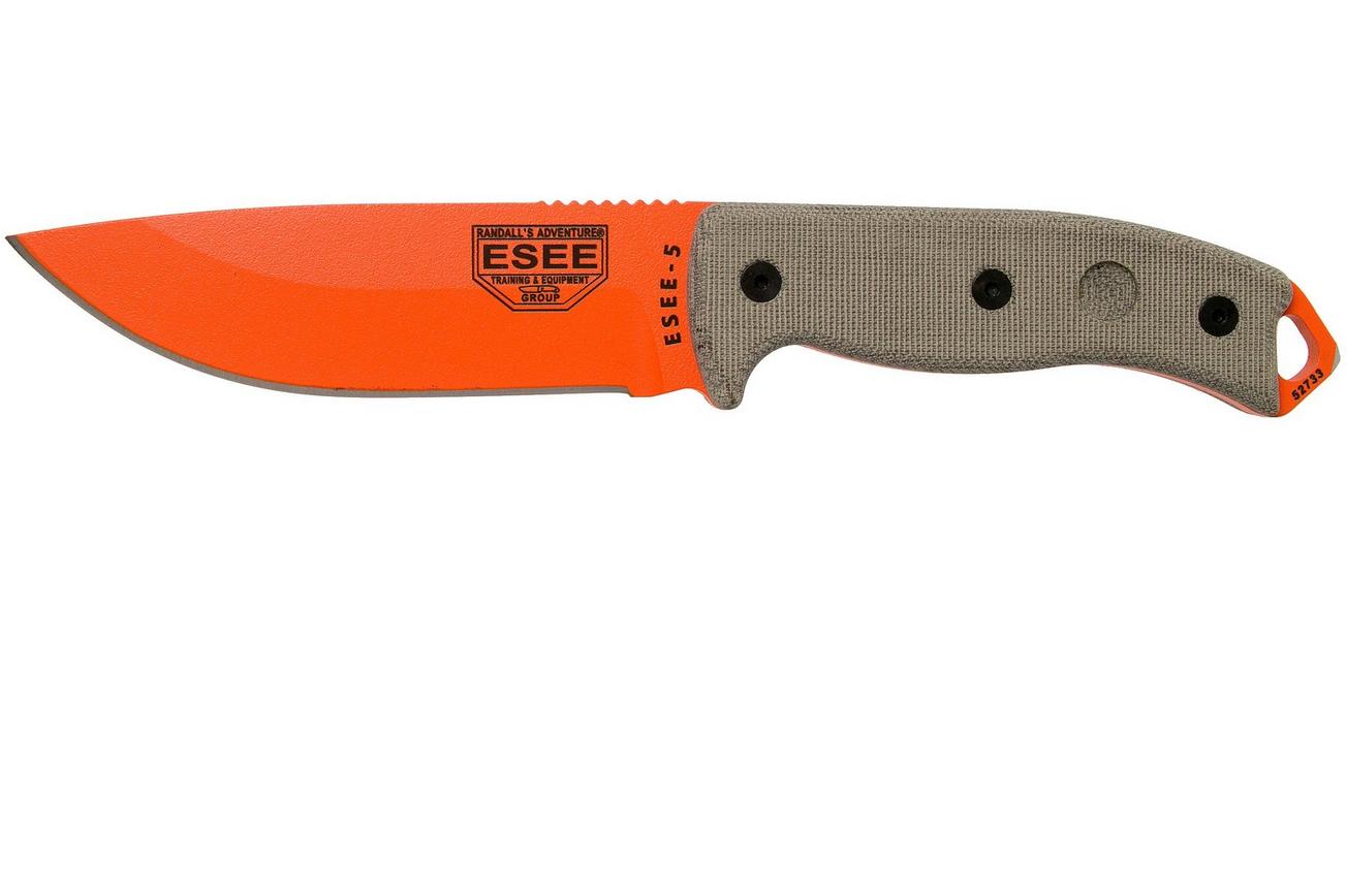 ESEE Model 5 Orange 5POG OD Green Micarta survivalmes met kydex schede   riemclip