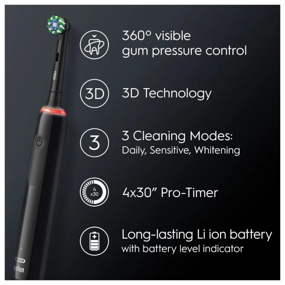 Oral-B - Pro3 Sort Elektrisk Tandbørste + Ekstra Sort Børstehoved + TC