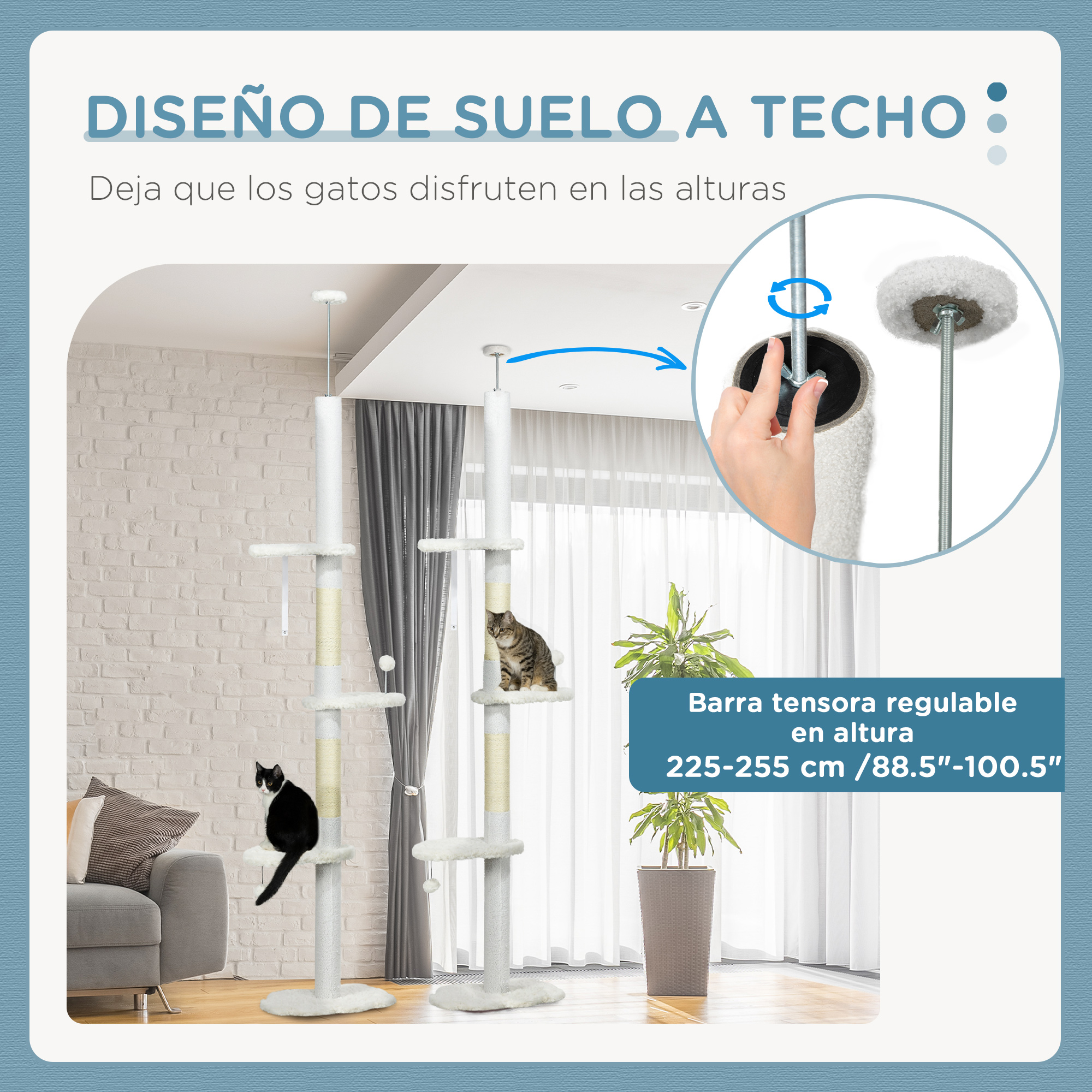 Árvore para gatos PawHut de 225-255 cm, com altura ajustável, 3 plataformas em formato de nuvem, postes para arranhar e 2 bolas, 48 x 32 x 225-255 cm, branca.