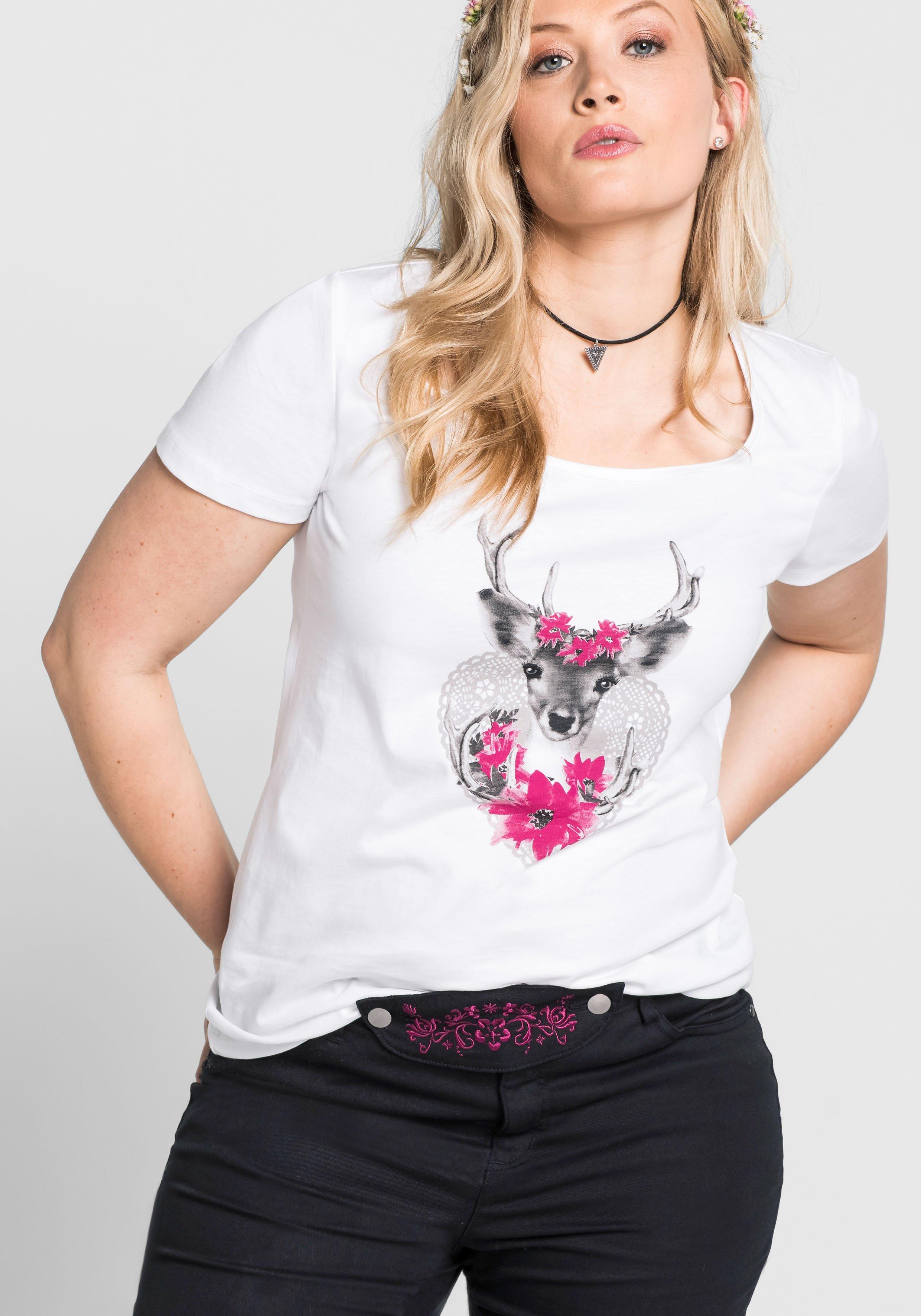 Trachtenshirt mit Hirsch-Druck und Kurzarm