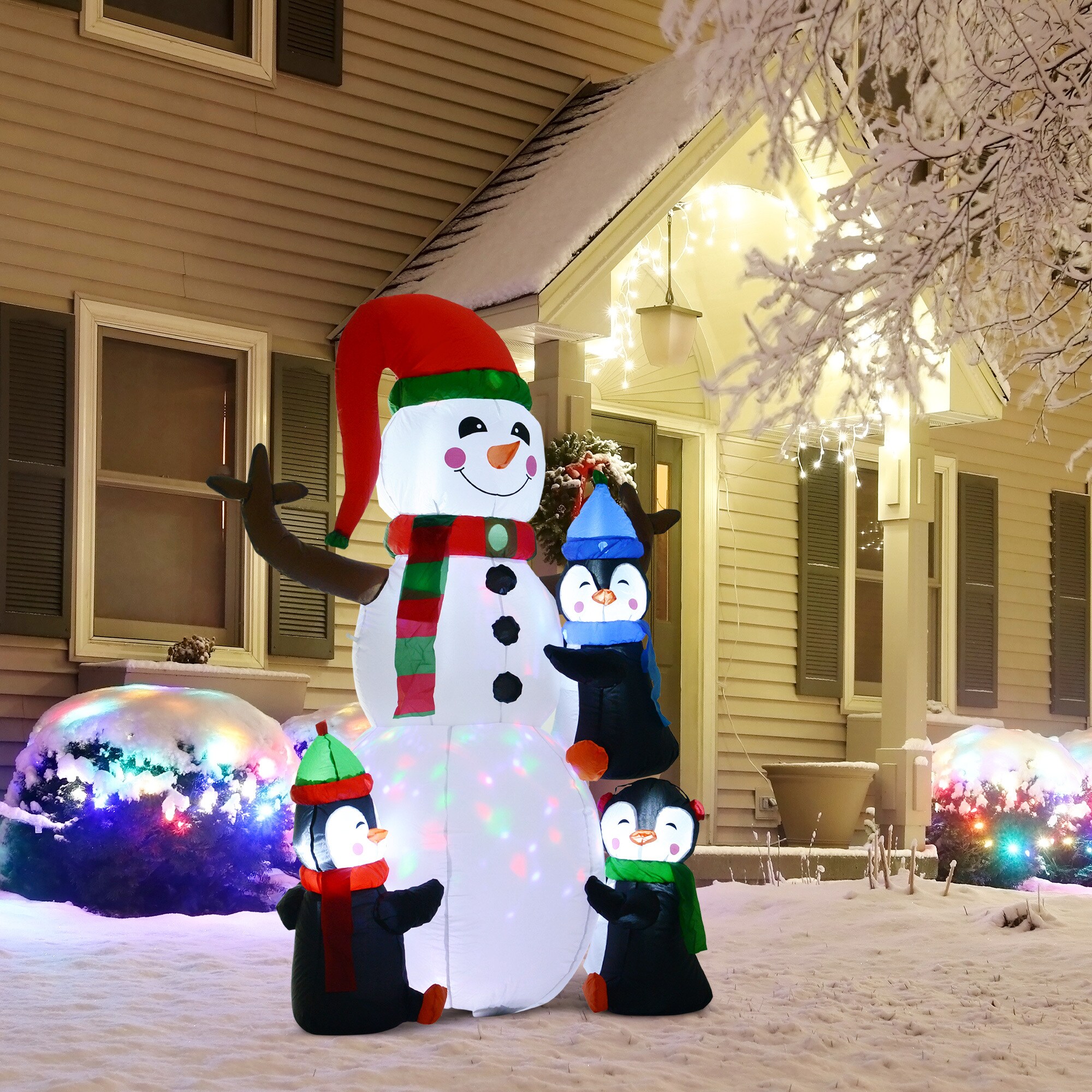 HOMCOM Aufblasbarer LED Schneemann mit 3 Pinguinen bunt 140 x 70 x 180 cm (BxTxH)