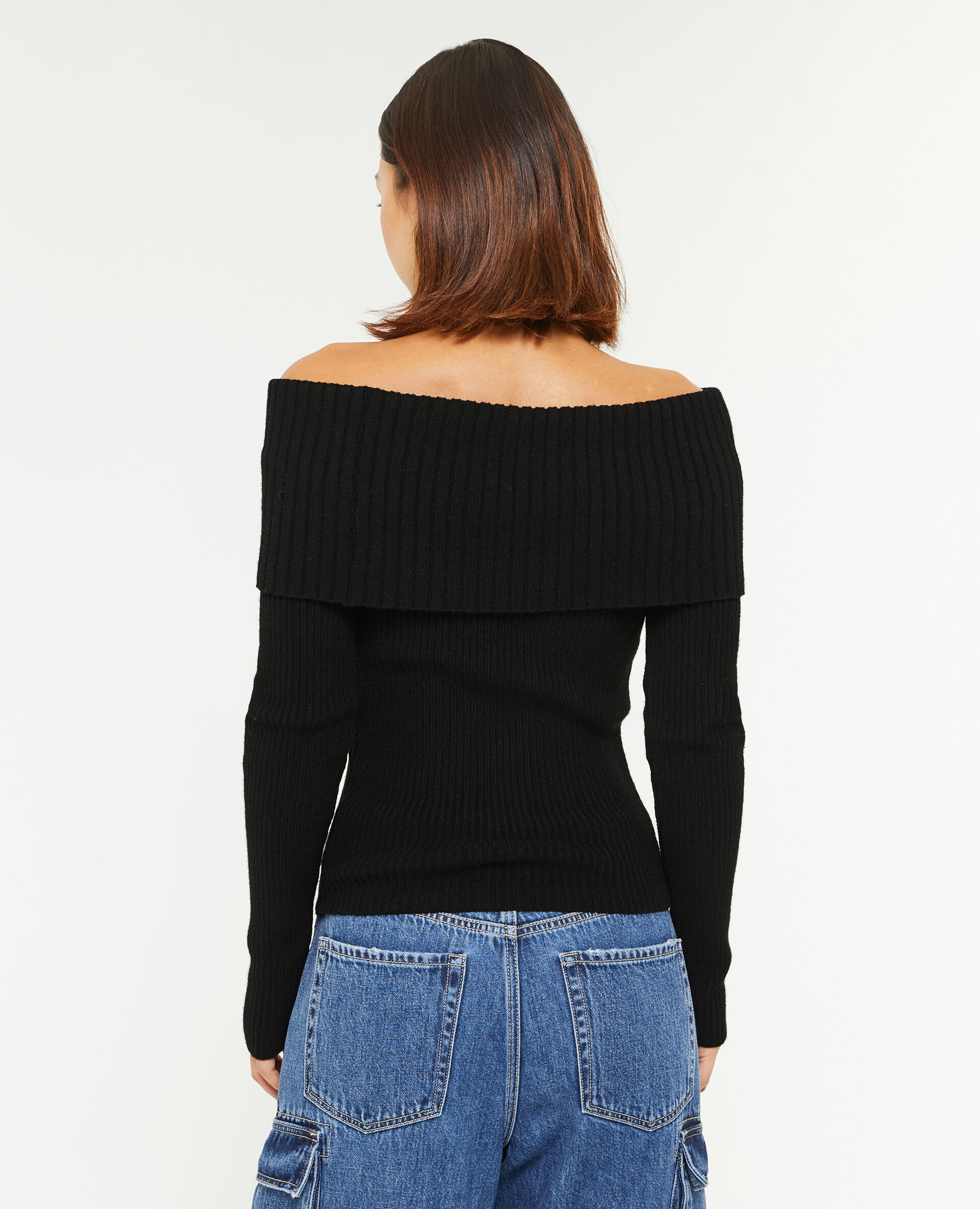 Pull encolure Bardot en maille côtelée - Noir