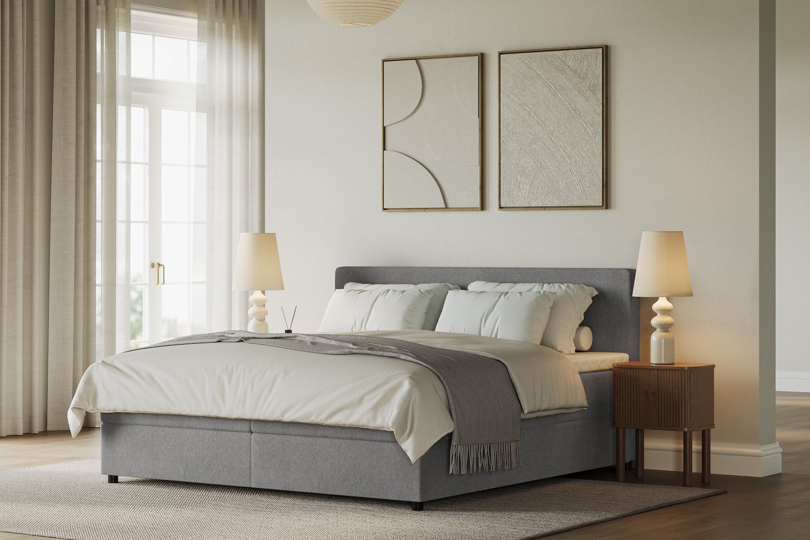 Premium 10 oppbevaringsseng 140x200 cm Magasinseng med oppbevaring, åpnes fra siden. I tekstil terranova 4 beige, med medium fasthetsgrad og premium 10 overmadrass,sorte ben. Sengegavl selges separat.