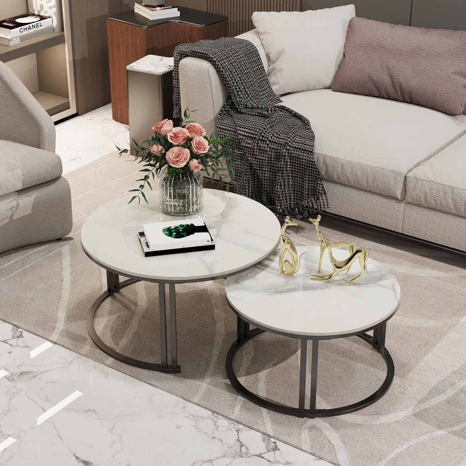 FATIVO Couchtisch Rund 2er Set Marmor Satztisch, Couchtischset Weiß Wohnzimmertisch mit schwarz Metallrahmen fürs Wohnzimmer, Beistelltisch für Schlafzimmer Balkon - Klein 35×57×57cm / Groß 41×70×70cm