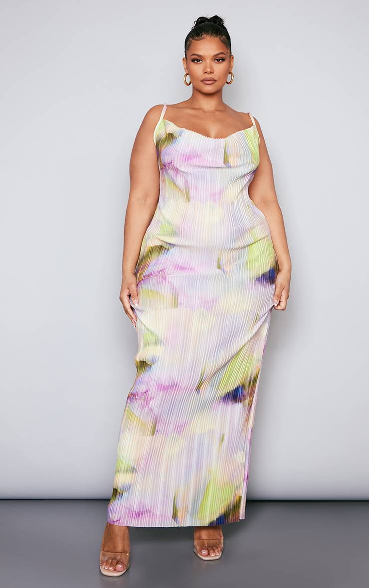 Lilas Robe Longue Plissée Grande Taille À Col Bénitier Imprimée