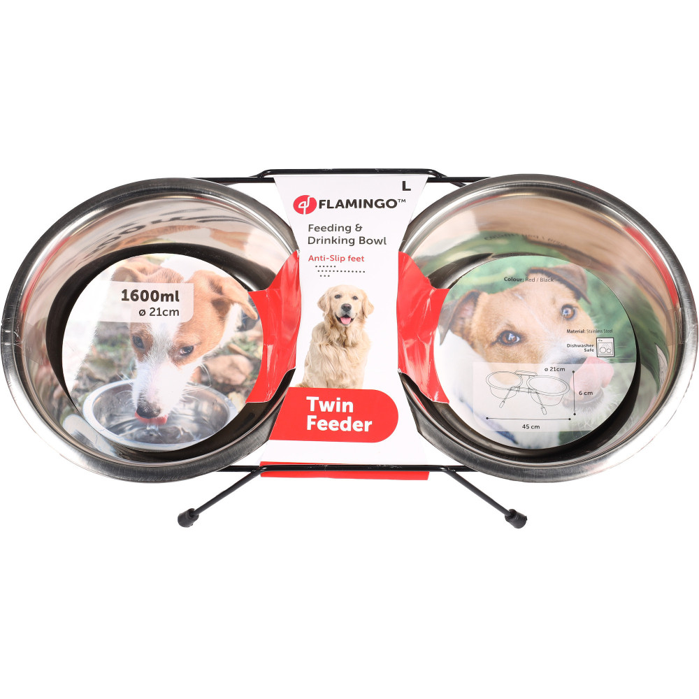 Ecuelle duo ø 21 cm, 1600 ml avec support arjun, l, pour chien