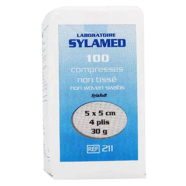 Compressas de viscose não tecidas não estéreis Sylamed, 5 cm x 5 cm, 30 g, 4 camadas, 100 unidades.
