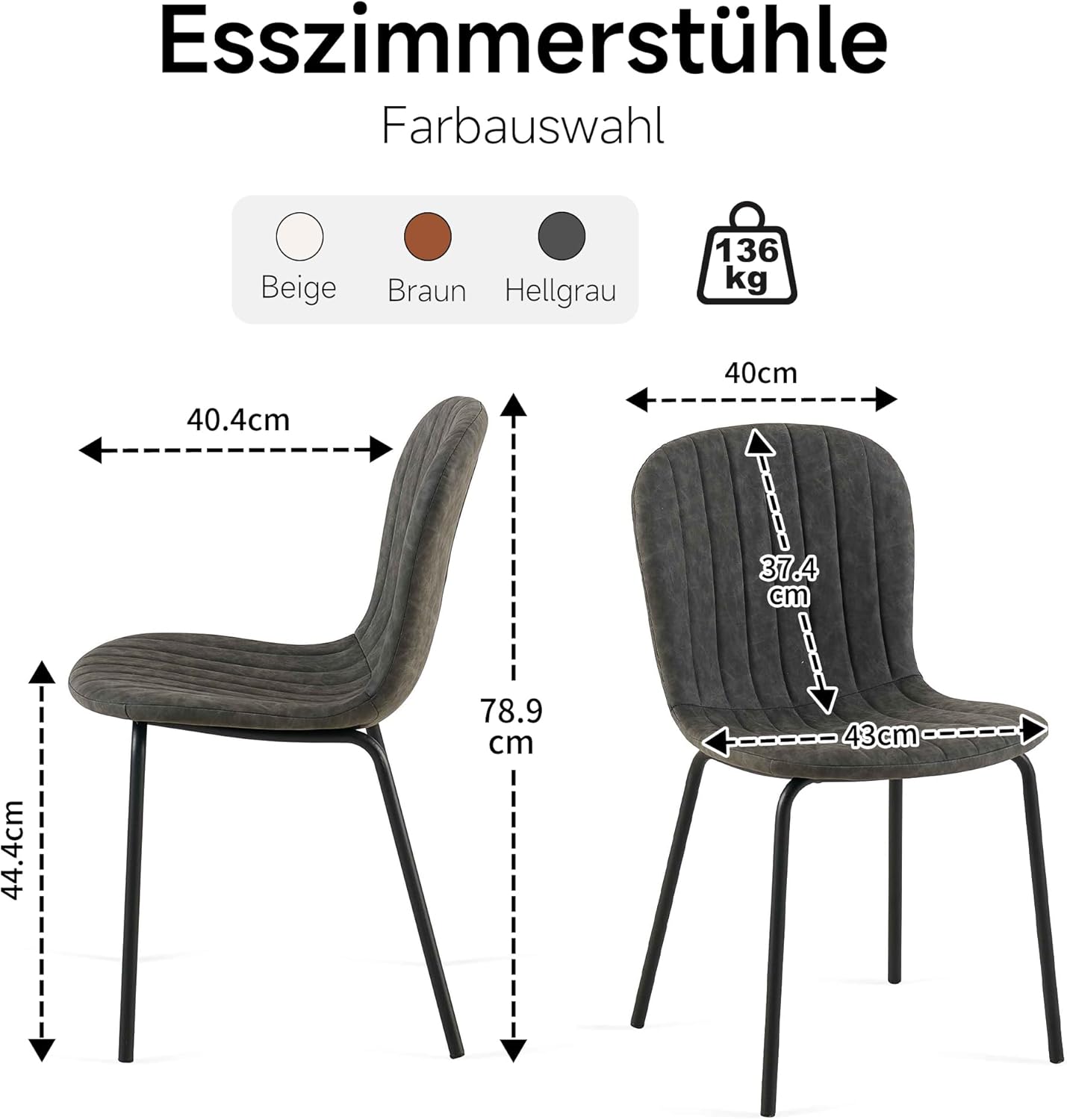 NORDICANA Esszimmerstühle 4er Set, Stuhl, Küchenstühle, Esszimmerstühle Kunstleder, mit Rückenlehne, Metallbeine, für Esszimmer, Wohnzimmer, Küche, Schlafzimmer und Empfangsraum (Grau)
