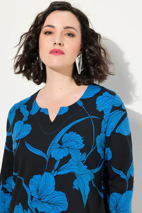 Shirt, Blüten, A-Linie, Tunika-Ausschnitt, 3/4-Arm, royalblau