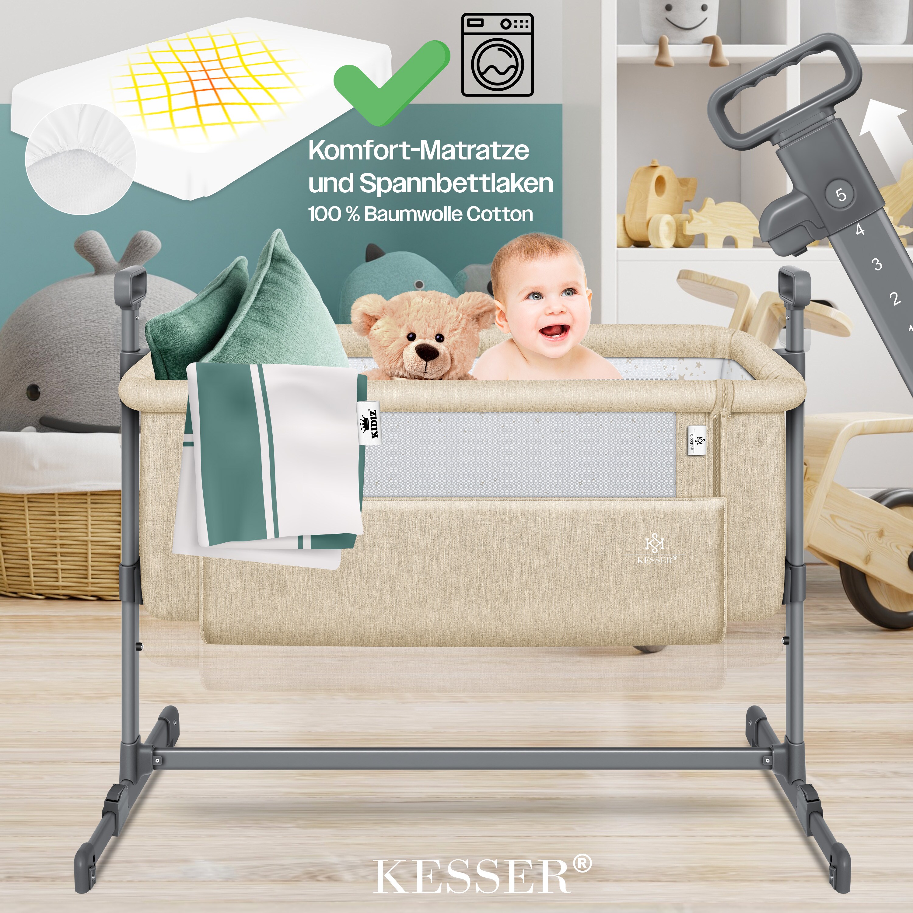 KESSER® Zustellbett Hubi 3in1 Baby Beistellbett Reisebett Babybett mit weich Matratze, mit Rollen Kinderbett, 5-fach Höhenverstellung, Faltbare Seitenwand für zu Hause und unterwegs