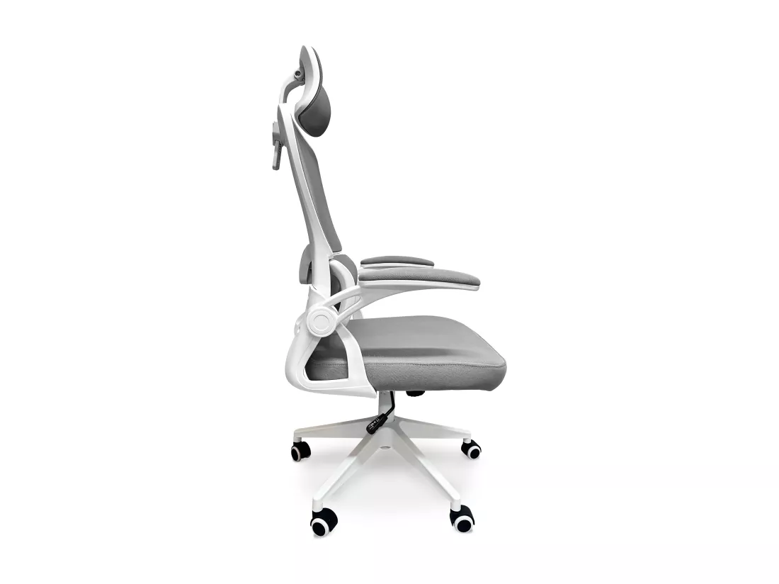 Lyn - Chaise de bureau ergonomique réglable en hauteur, avec appuie-tête, rembourrage lombaire et roulettes - couleur blanc et gris