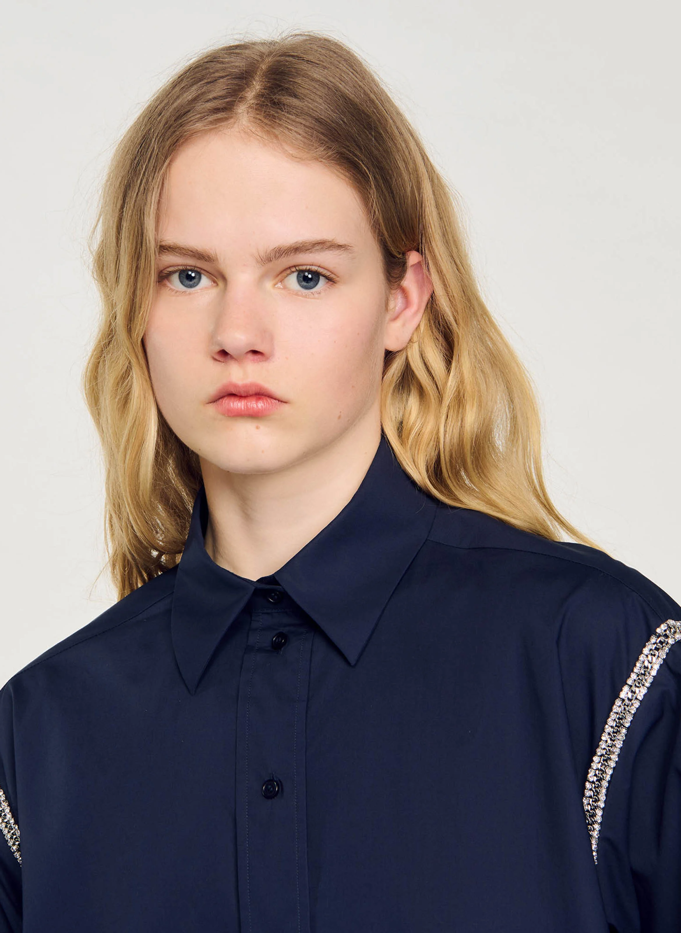 Chemise col classique en coton à strass | Bleu
