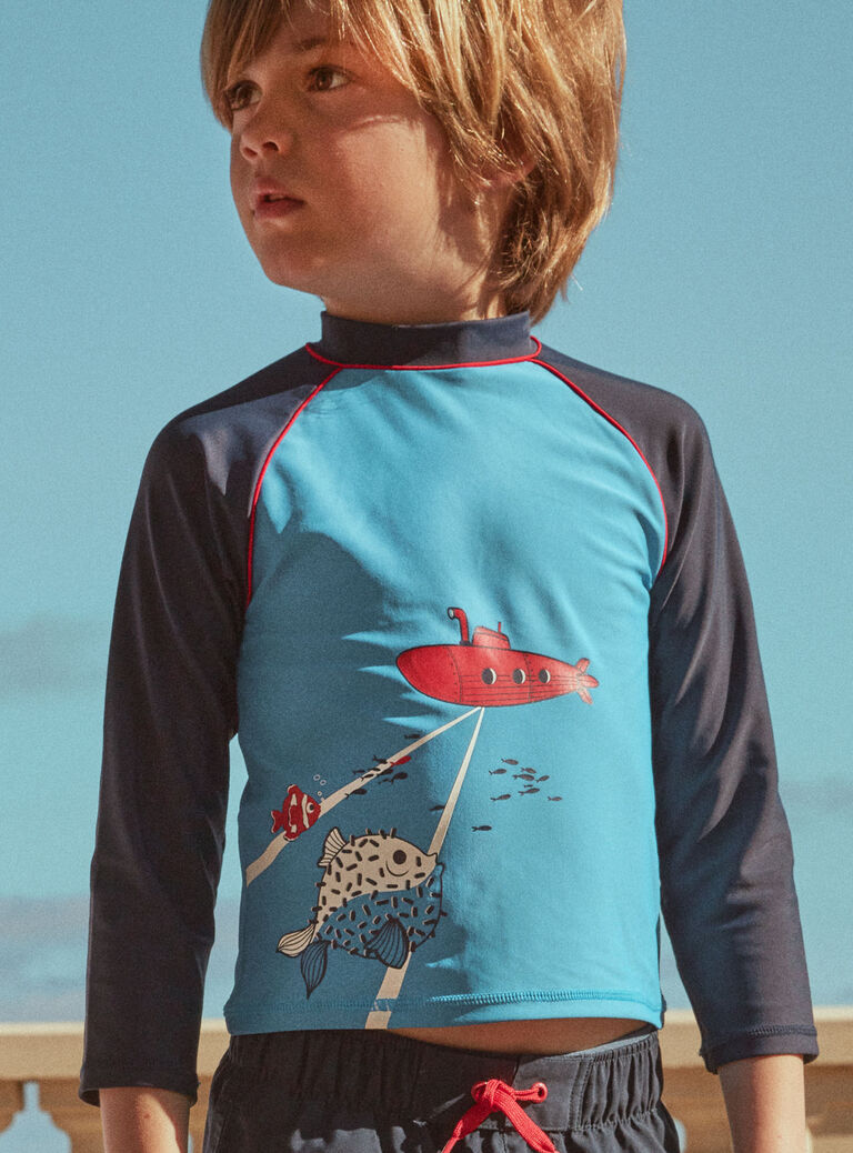 T-shirt de bain bleu minéral à motifs fantaisies