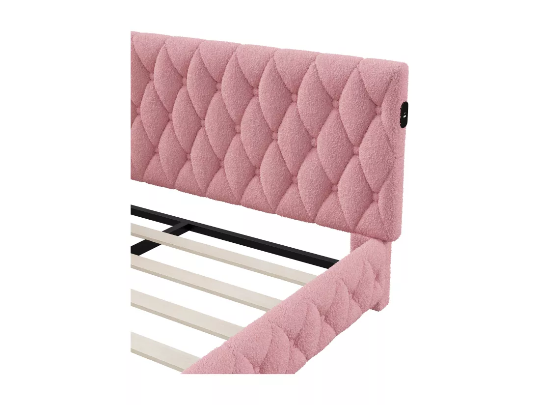 Lit gigogne 140x200 cm - Teddy velours, Canapé lit convertible avec éclairage LED et recharge USB, - ROSE