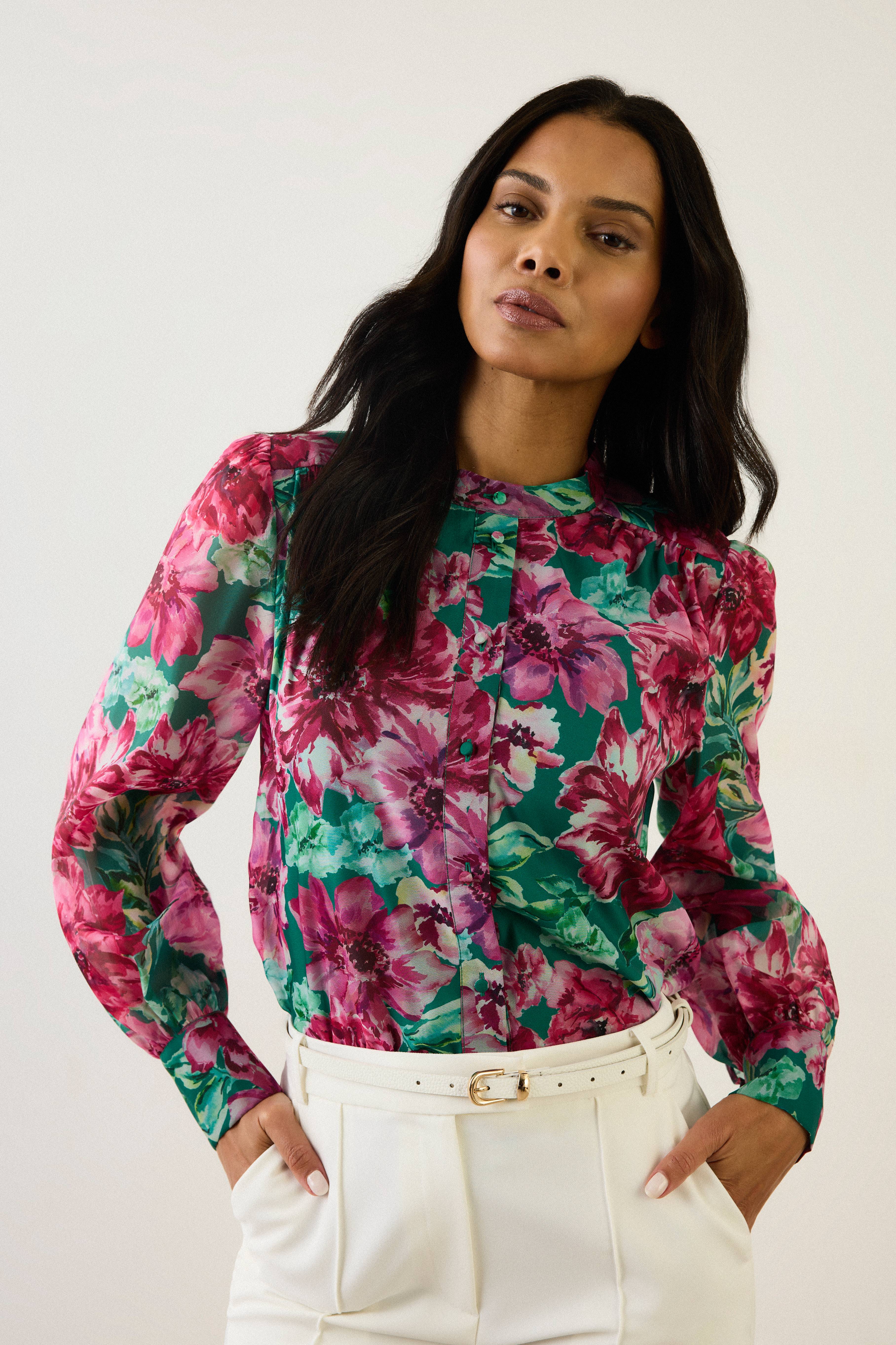 Wallis Chemise Sans Col En Organza Fleuri