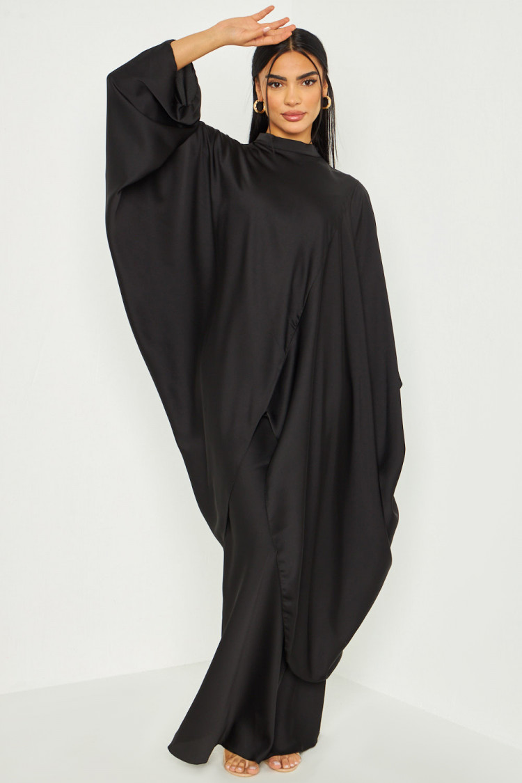 Ensemble 2 pièces tunique + jupe longue satiné noir