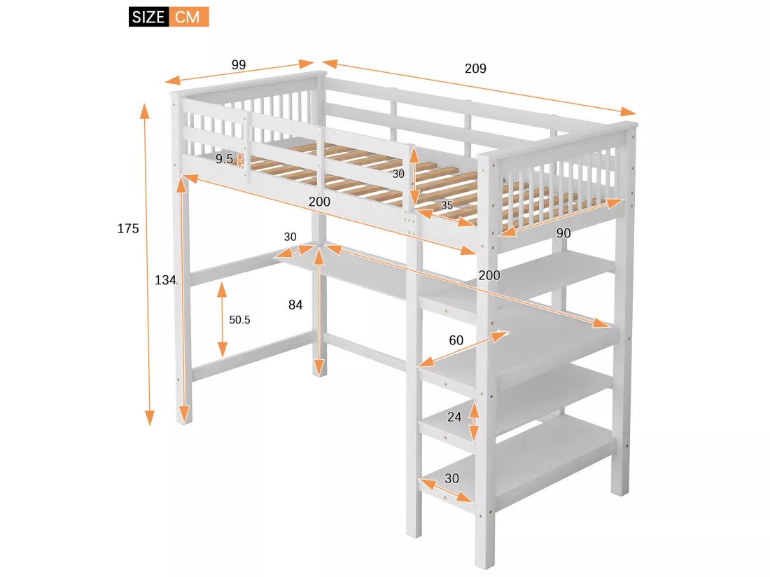 Lit mezzanine 90 x 200 cm pour enfant - bureau + étagères de rangement - blanc