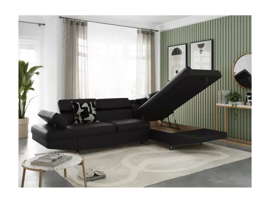 Canapé d'angle droit 5 places Rio Convertible avec coffre en simili - Noir - L271 x P192 x H70cm - Loungitude