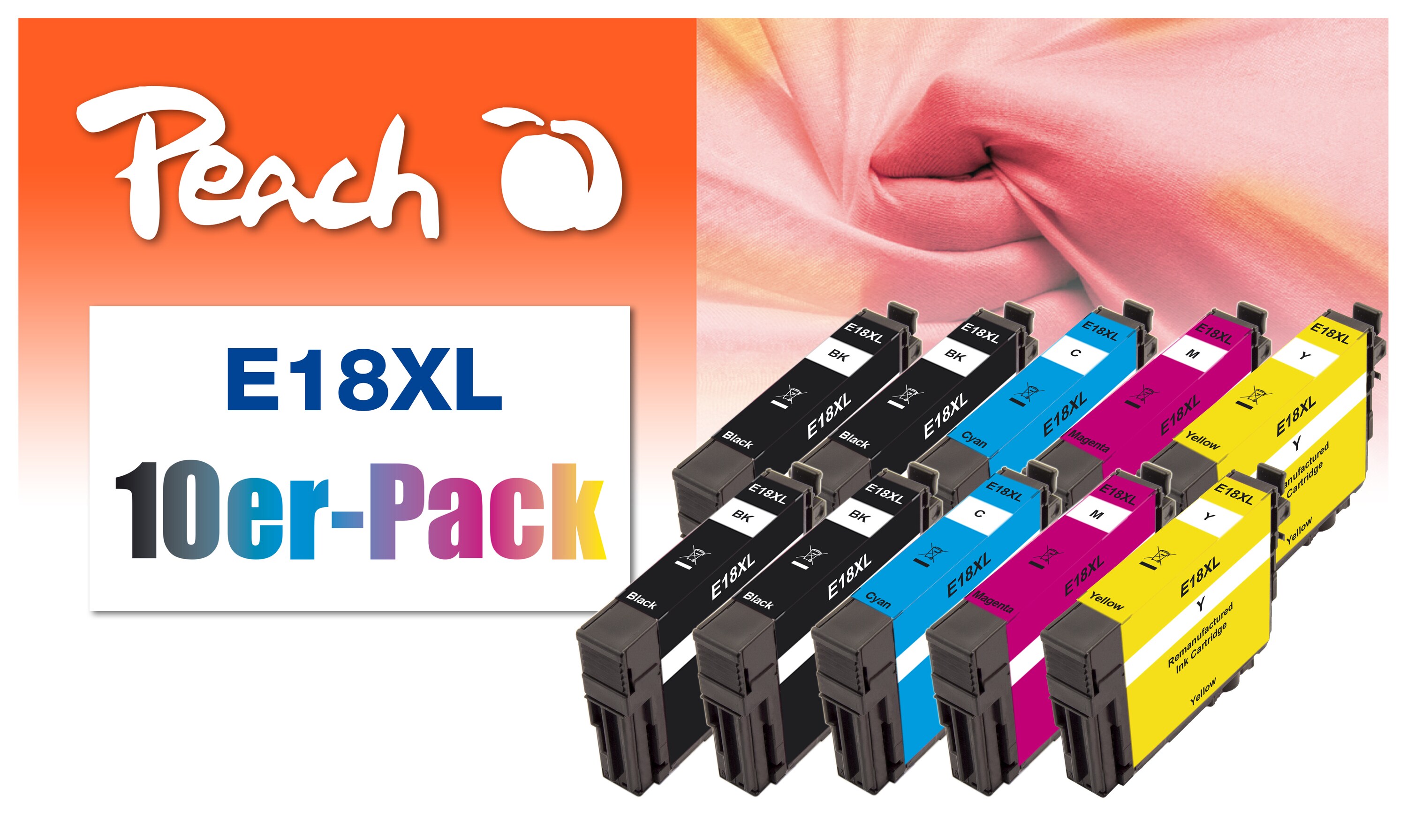 Peach E18 XL 10 Druckerpatronen XL (2*bk, bk, c/m/y) ersetzt Epson No. 18XL, C13T18164010 für z.B. Epson Expression Home XP -100 (wiederaufbereitet)