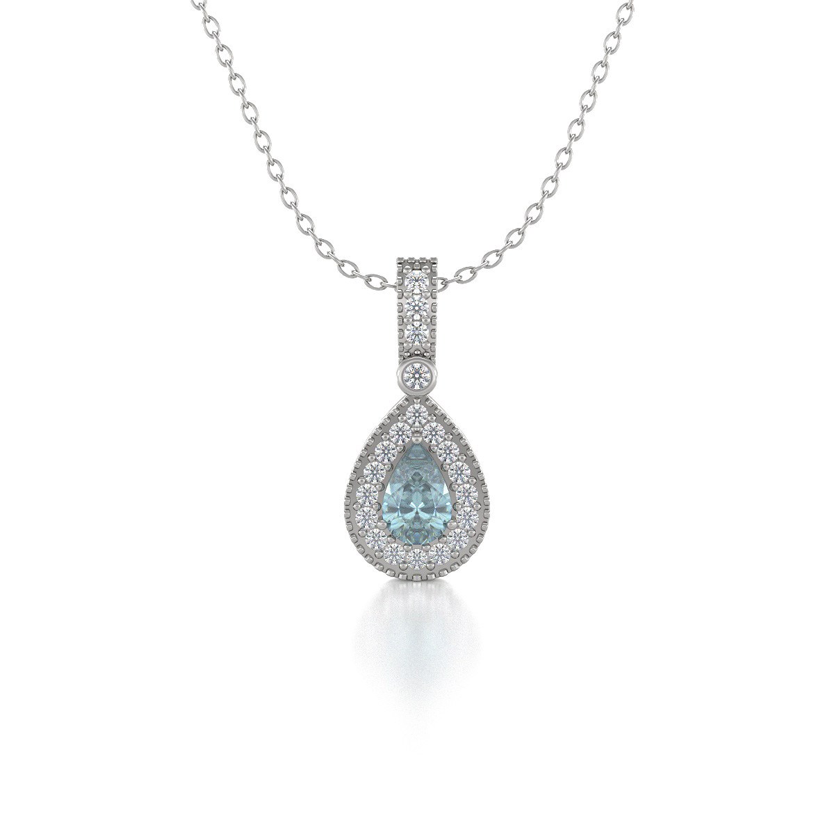 Collier Pendentif ADEN Or 585 Blanc Aigue-Marine et Diamants Chaine Or 585 incluse 1.55grs