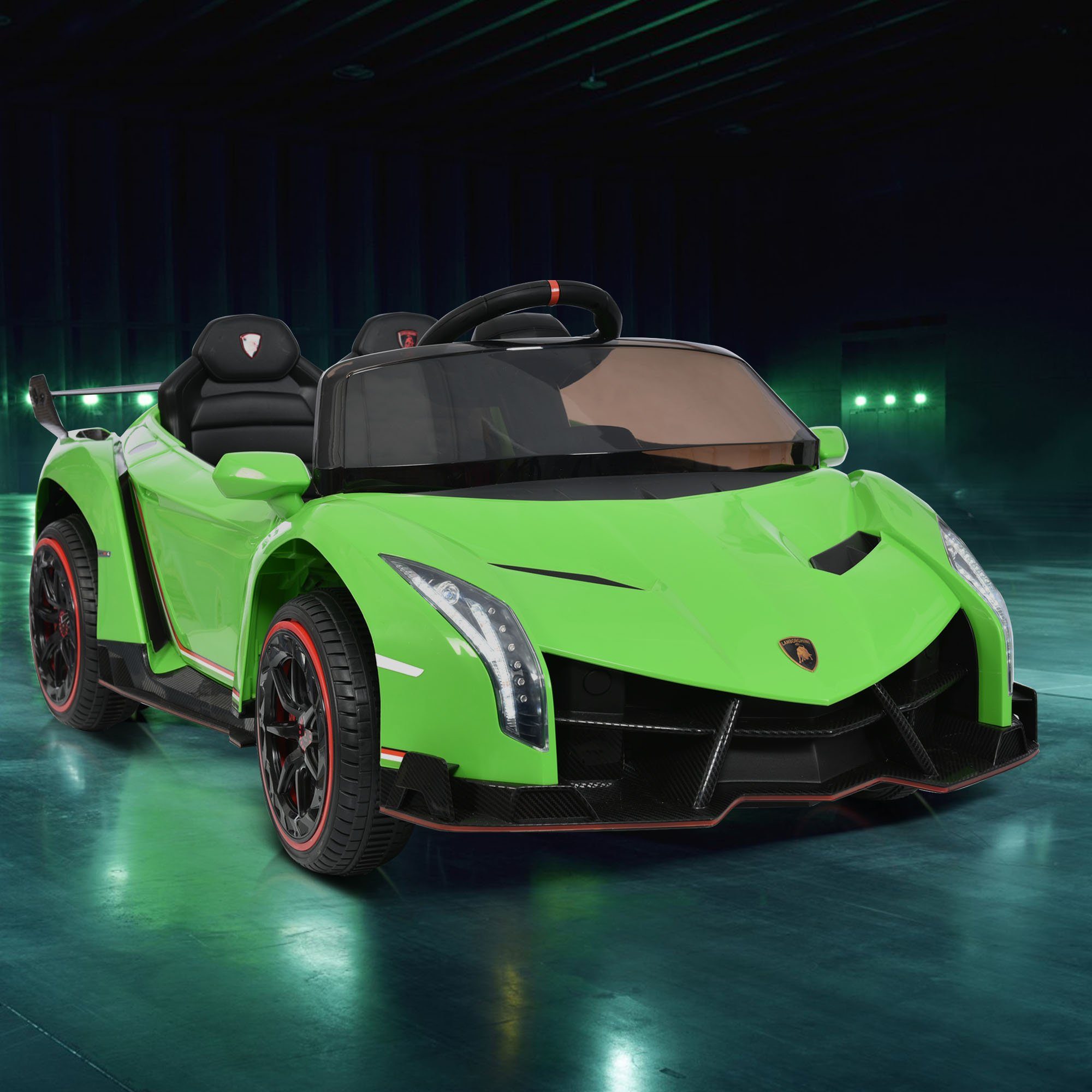 Carrinho elétrico infantil REDOM LAMBORGHINI VENENO com 2 motores, Bluetooth, portas duplas, 3 velocidades e música MP3, indicado para crianças a partir de 3 anos.