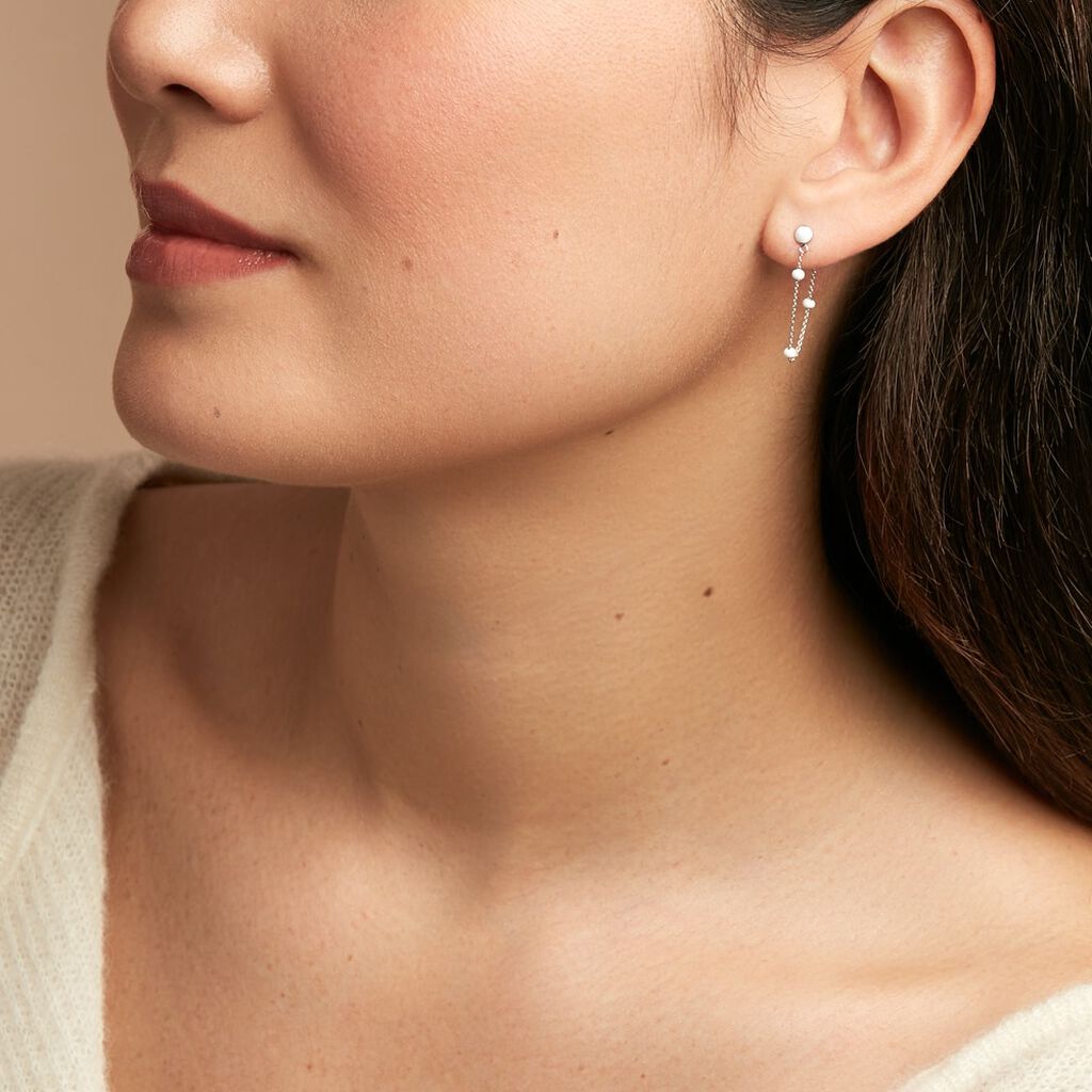 Boucles D'oreilles Pendantes Polka Argent Blanc