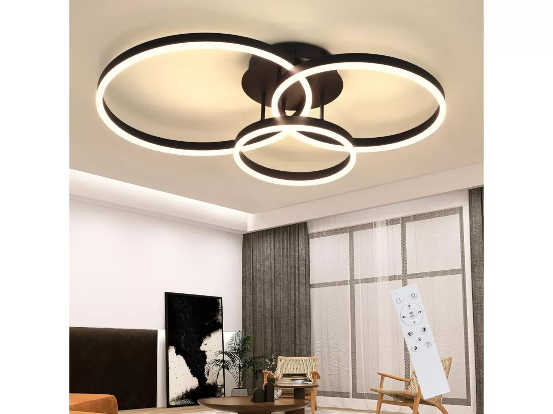 NETTLIFE Lampe plafond LED noire réglable, 82cm, avec télécommande, 74W, design 3 anneaux en acryl
