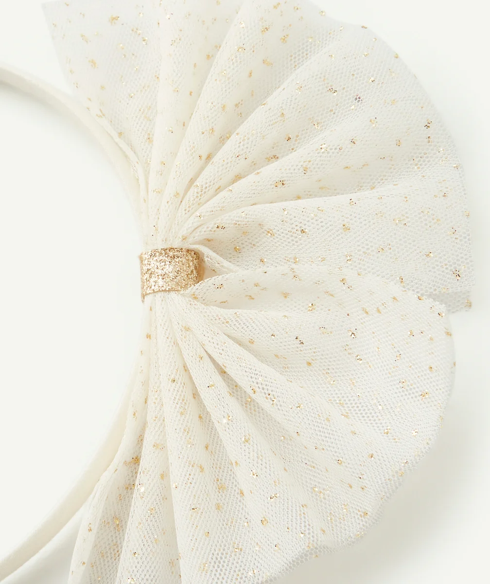LE SERRE TÊTE BLANC AVEC NOEUD EN TULLE BLANC ET COULEUR DORÉE FILLE