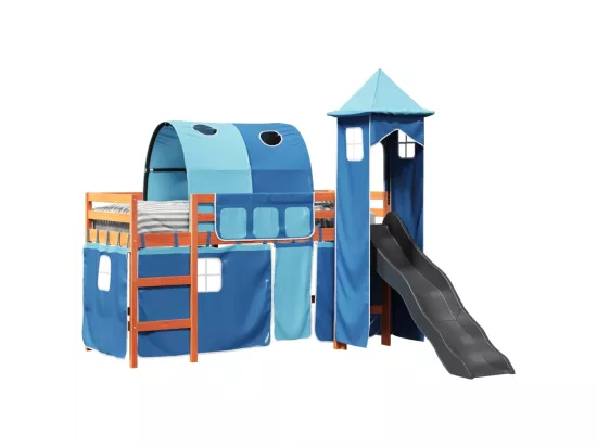 Lit mezzanine enfants avec tour bleu 80x200cm bois pin massif