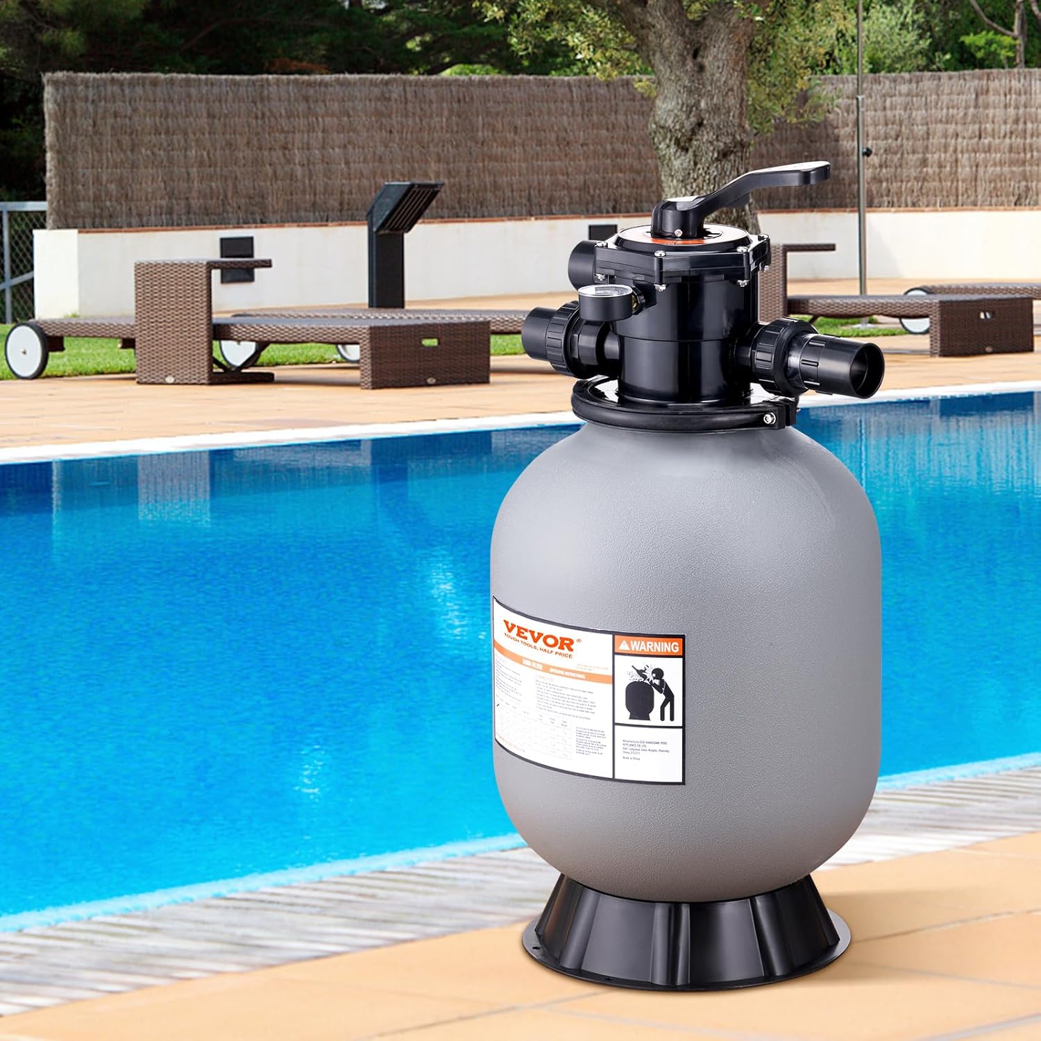 VEVOR Sandfilteranlage 35GPM Durchfluss Filteranlage 406,4mm Sandfilter 1-1/2Zoll Einlass-/Auslassdurchmesser Filterkessel HDPE Filterpumpe 7-Wege-Mehrwegeventil Sandfilterpumpe 400x400x820mm