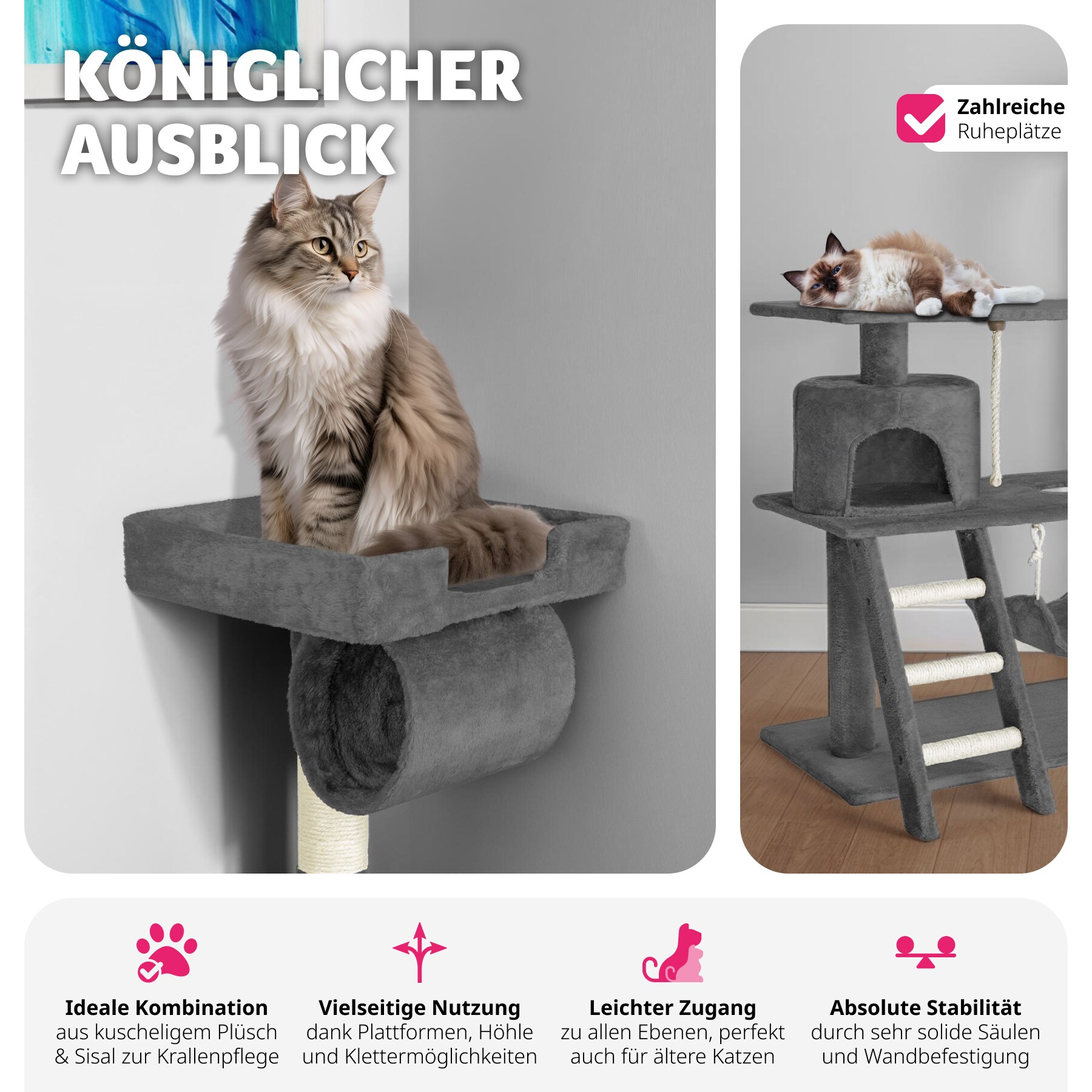 tectake® Kratzbaum, 141 cm, mit Katzenhaus, inklusive Treppe, Spielkordel und Kippschutz