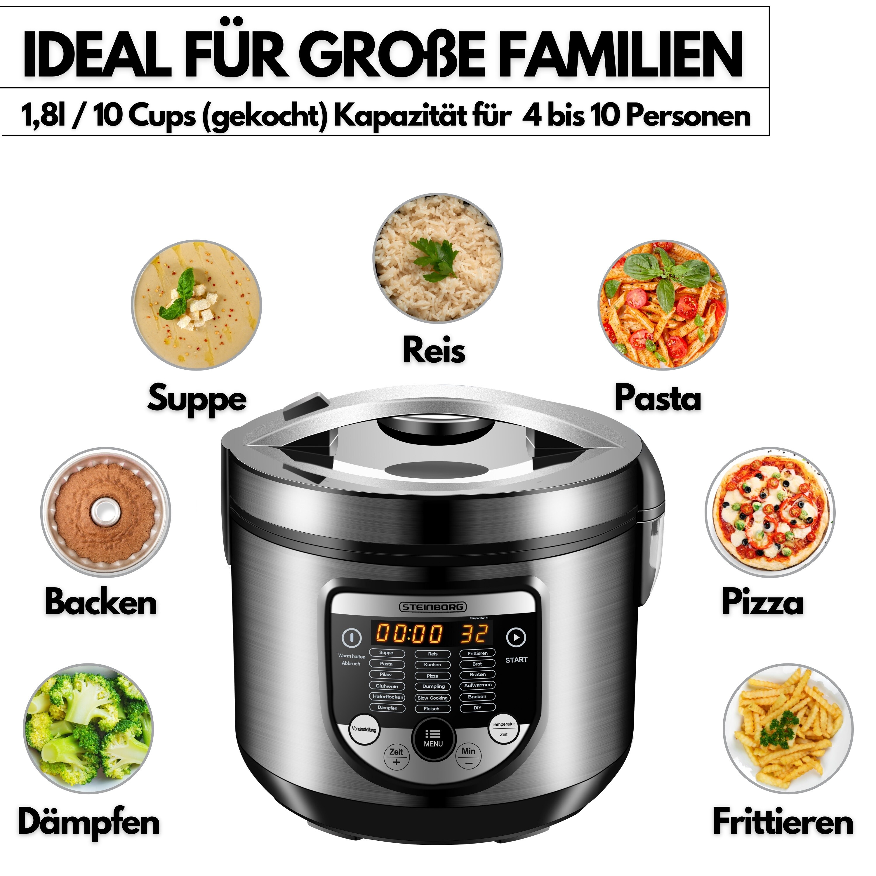 Steinborg digitaler Multikocher 5L Edelstahl 900W inkl. Rezeptbuch