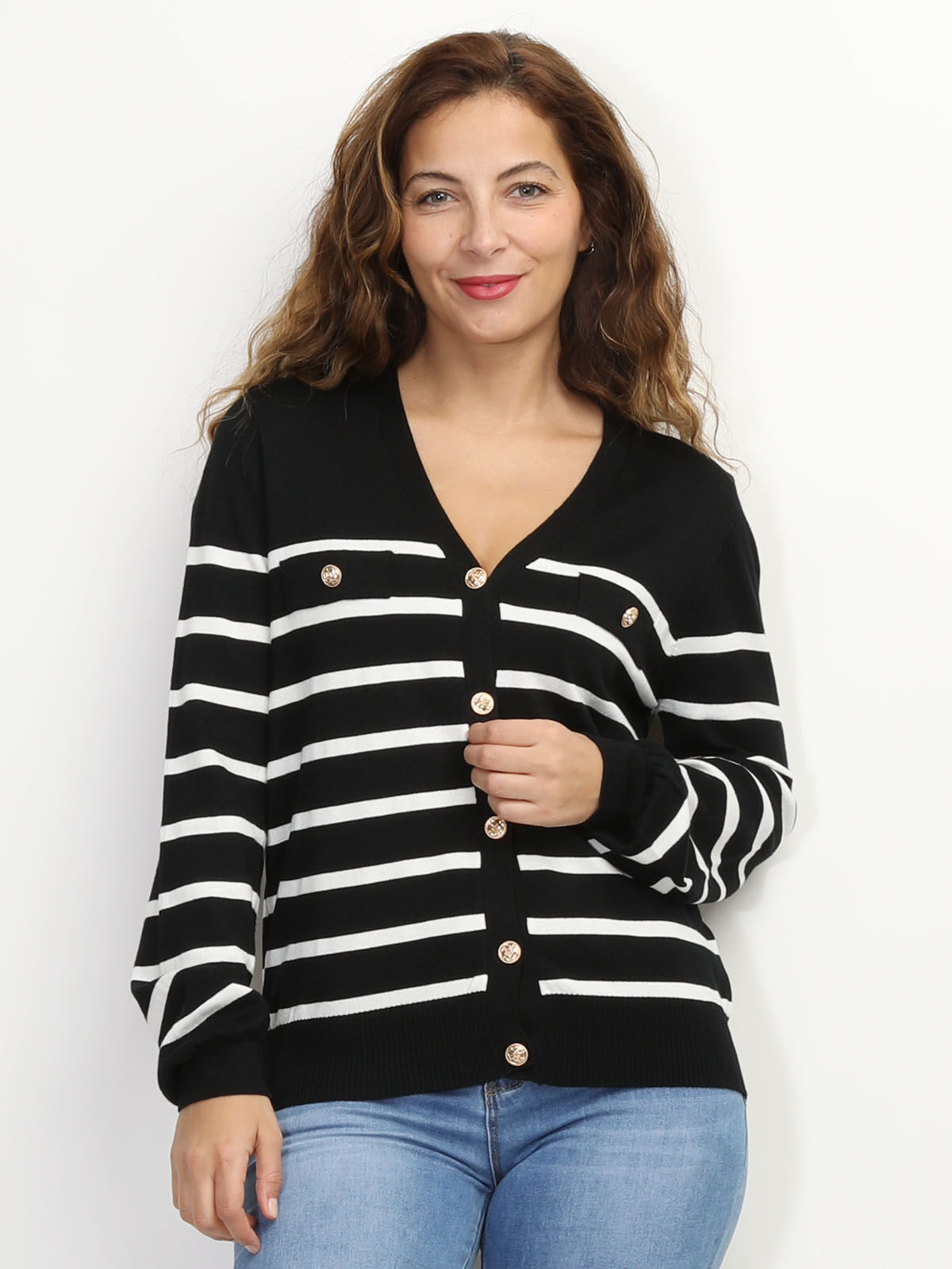 Cardigan marinière à boutons style officier- Noir