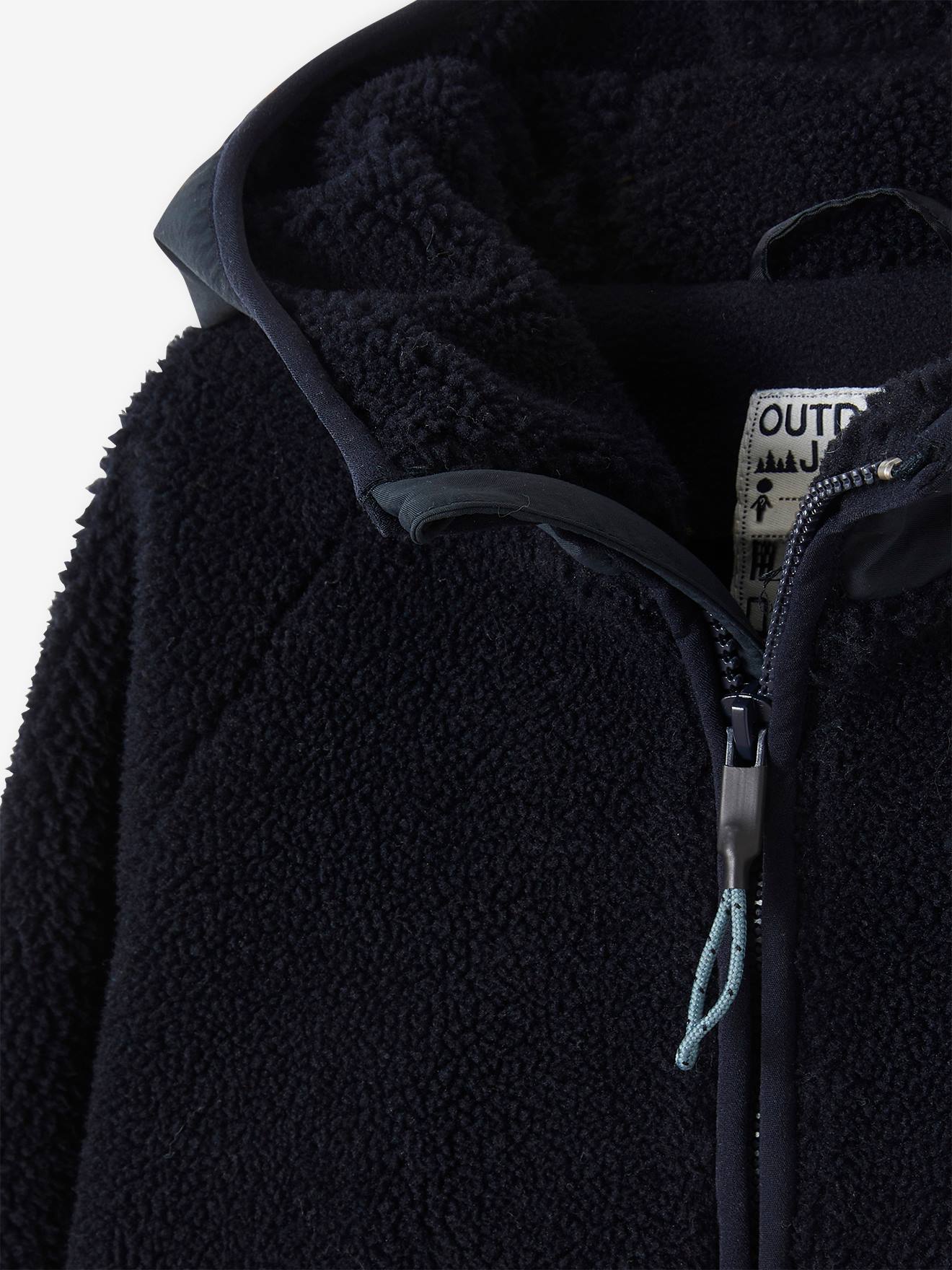 Jaqueta com capuz e zíper em sherpa para meninos, azul médio liso com estampas.