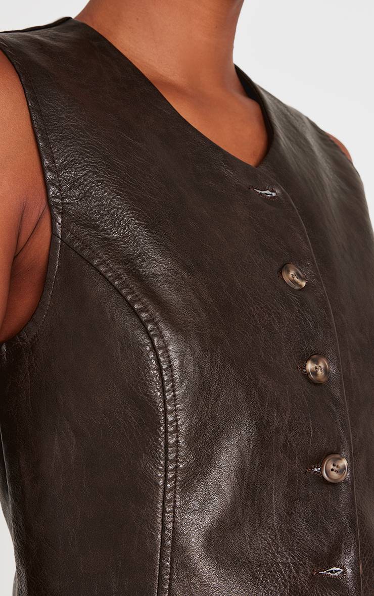Marron Gilet Long Boutonné En Synthétiquecuir