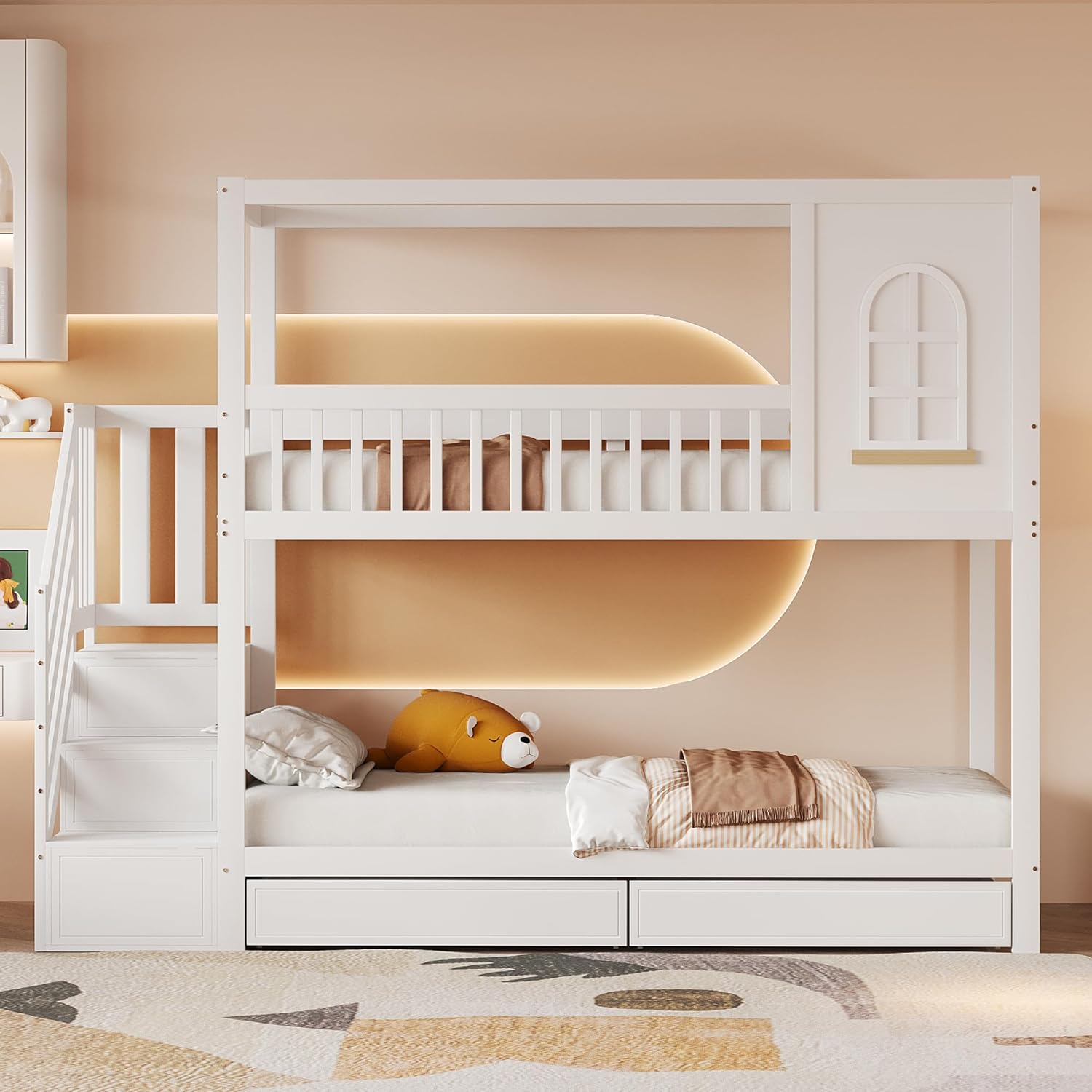 Moimhear Etagenbett Kinderbett 90x200cm, Massivholz Doppelbett, Hausform mit Fenstern, Sicherheitszaun-Design, Mit Aufbewahrungsschubladen und Sicherheitsleiter, Teenager-Bett (Weiß)
