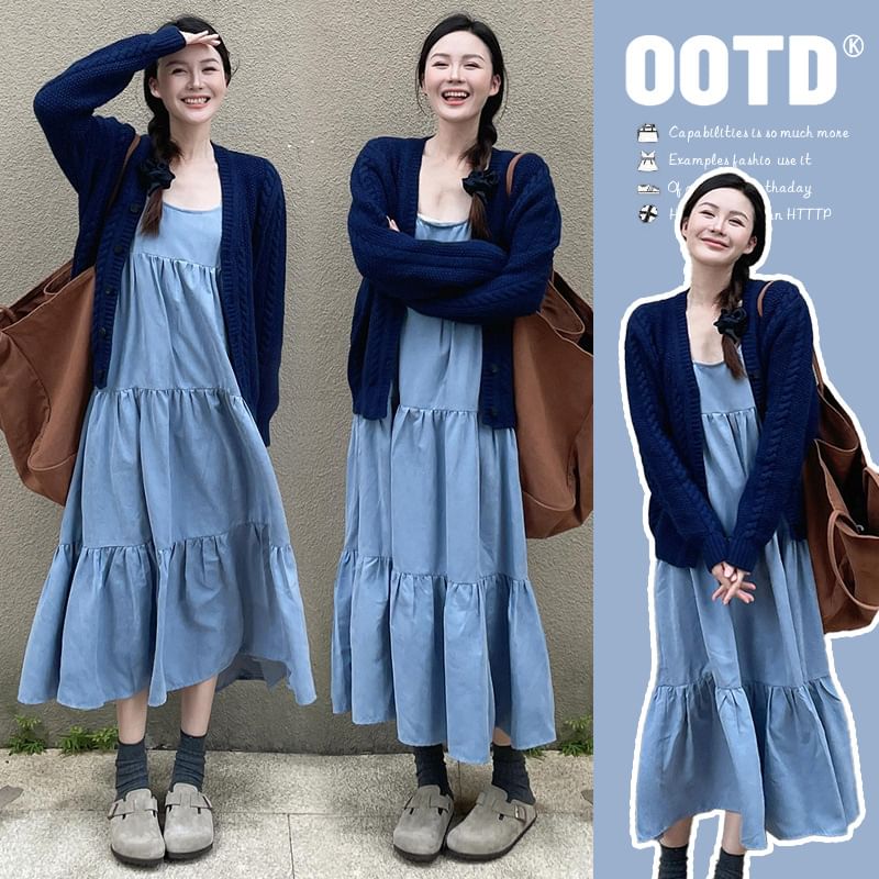 matteira - Zwangerschapsjurk met spaghettibandjes en denim midi-lijn / effen vest