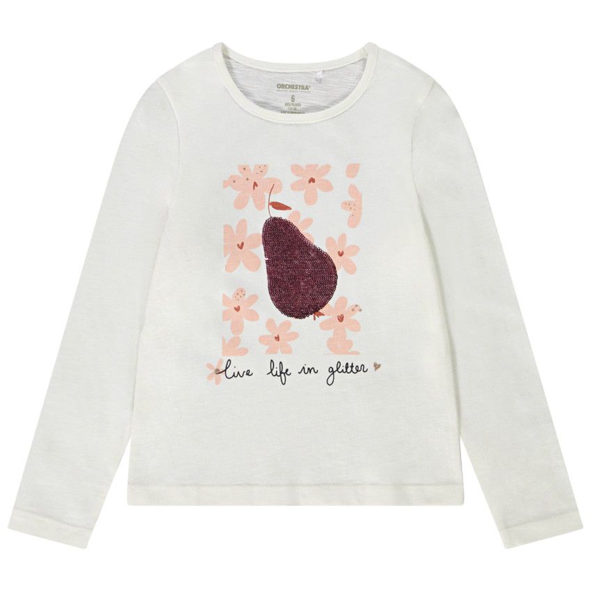 T-shirt manches longues en jersey avec sequins magiques pour fille - Ecru