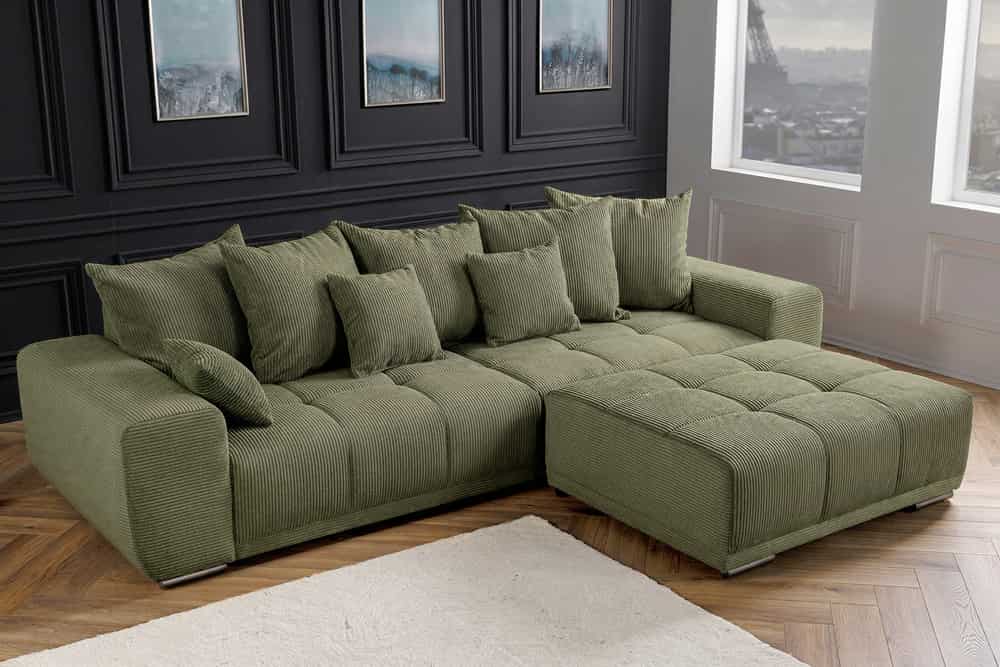 Modernes XXL Sofa ELEGANCIA 285cm grün Cord Federkern inklusive Kissen Bigsofa
