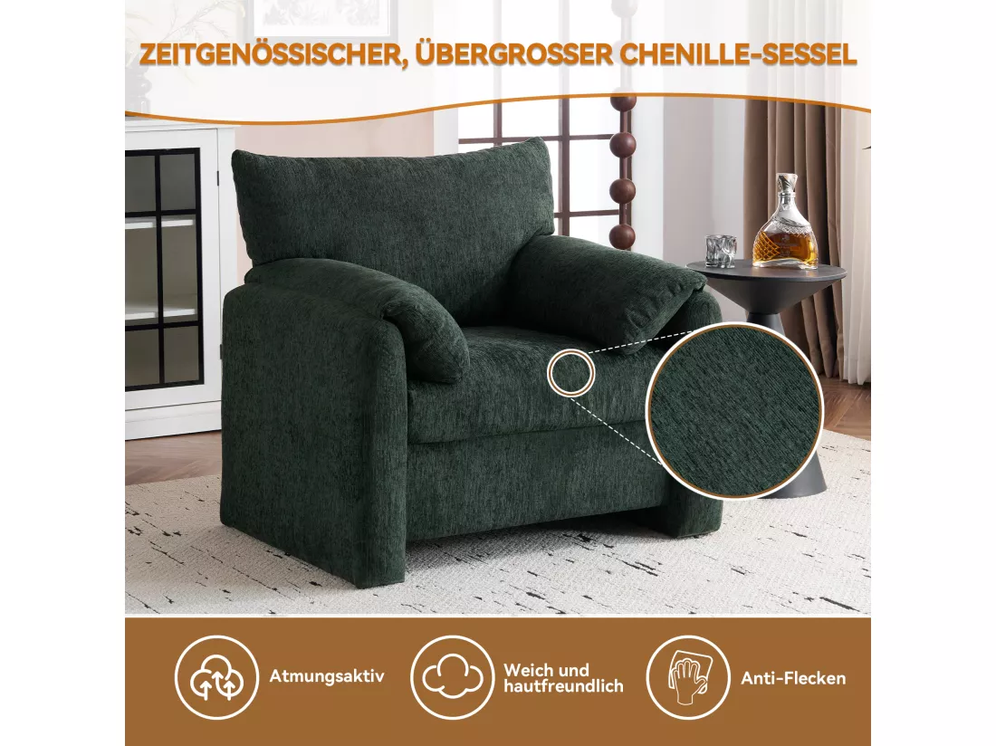 Fauteuil Moderne en Chenille, Sessel Décoratif de Grande Taille, Chaise de Salon, Fauteuil Individuel, Confortable et Ergonomique,Gris et Olive